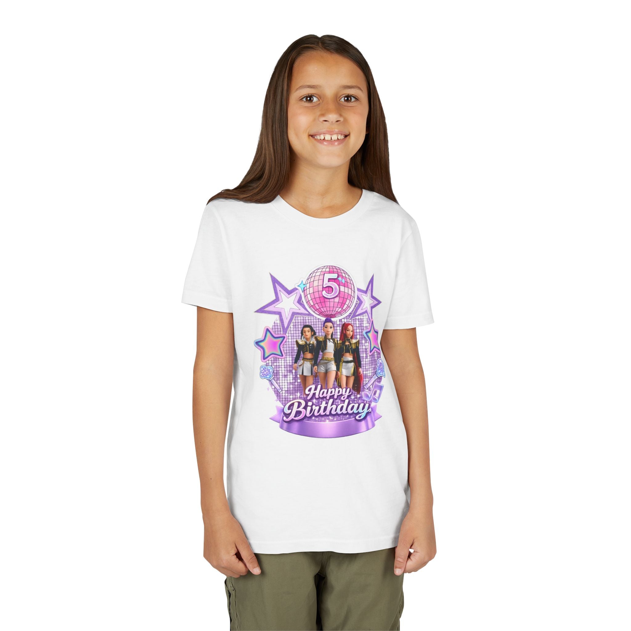 Girls' 5th Birthday Tee - 'Happy Birthday' Glitter Stars Design