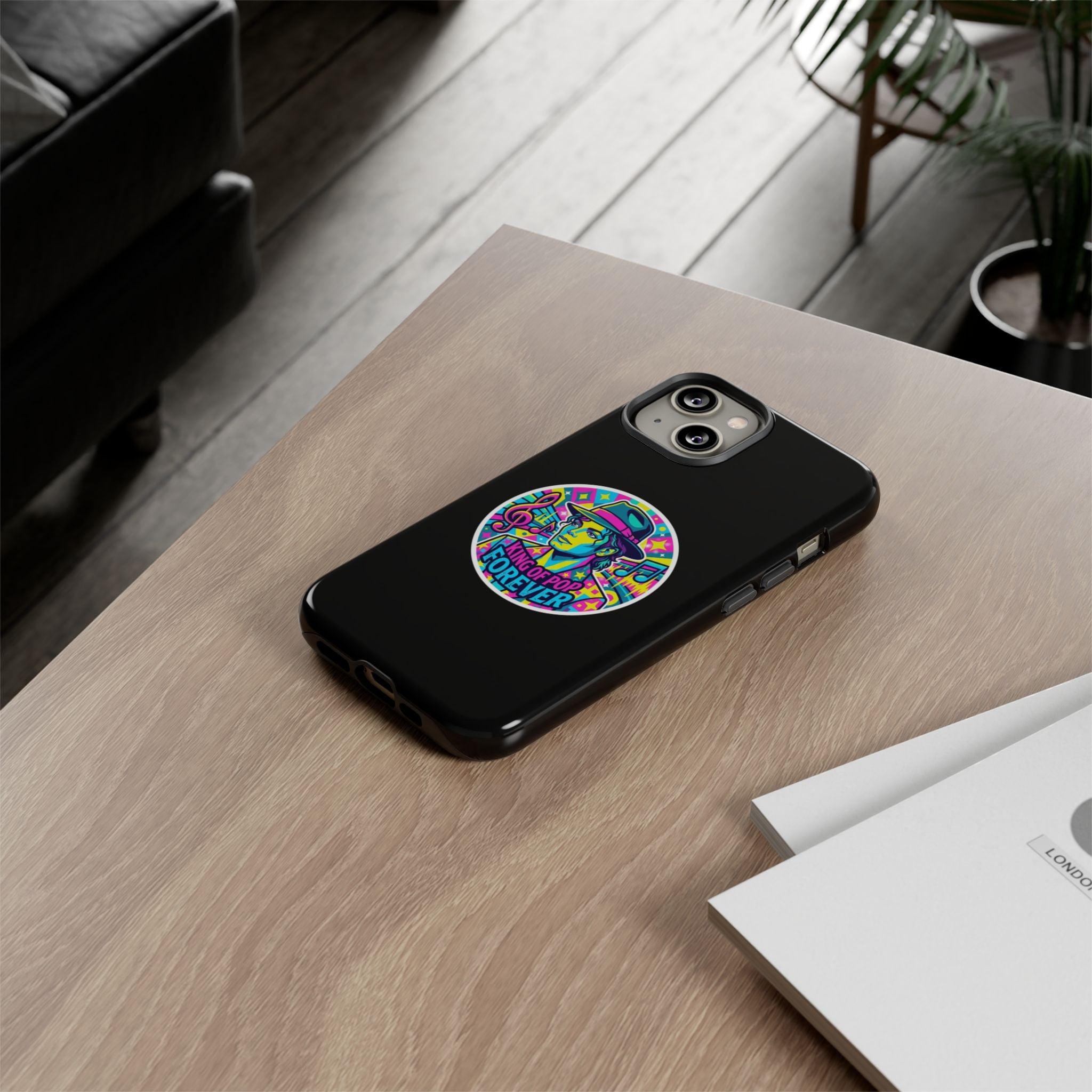 Matte Black iPhone Tough Cases 12 to 17 Pro Max  — "King of Pop Forever" Retro Pop Art Phone Case