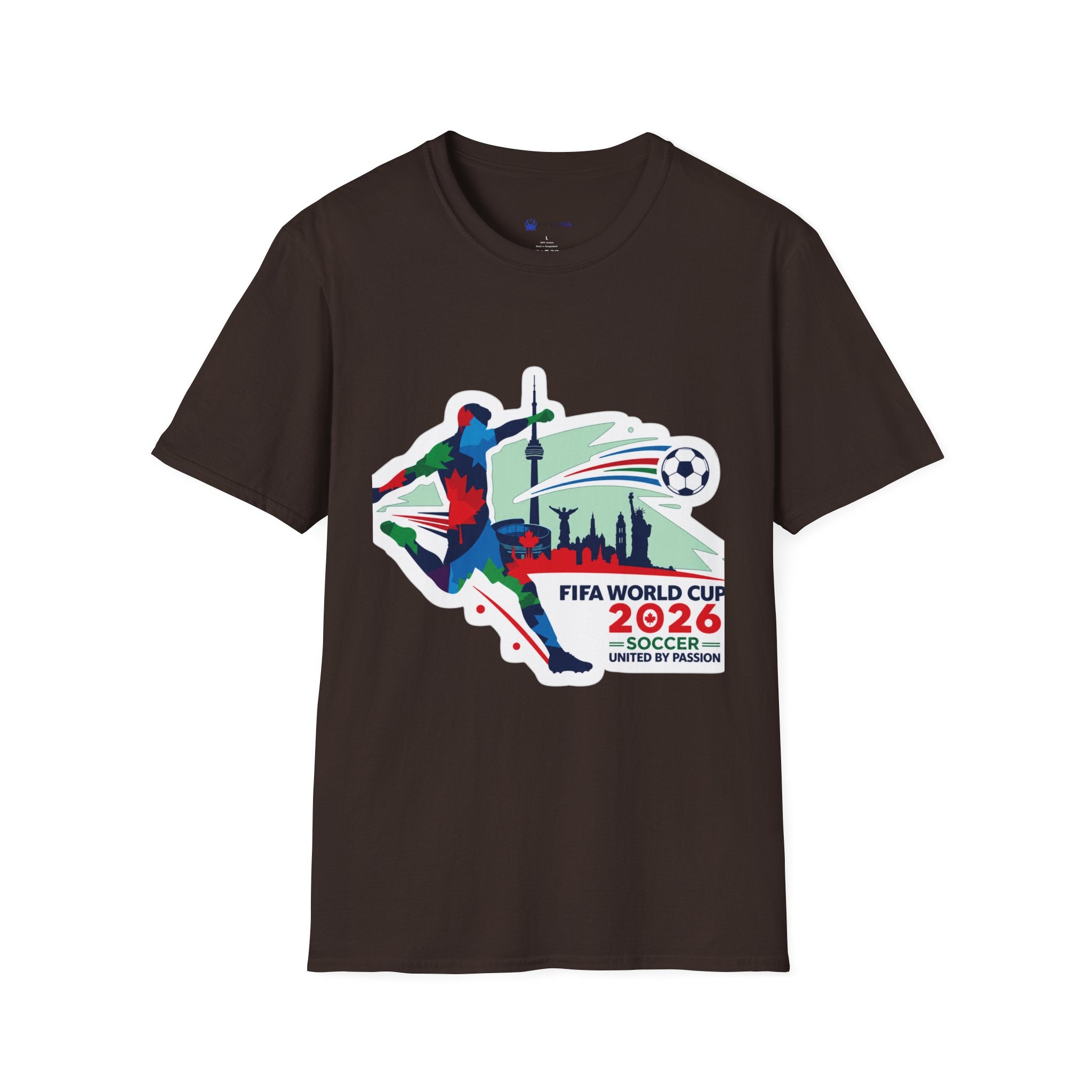 Soccer Cup 2026 T-Shirt — Colorful Player Silhouette with Stadium Skyline