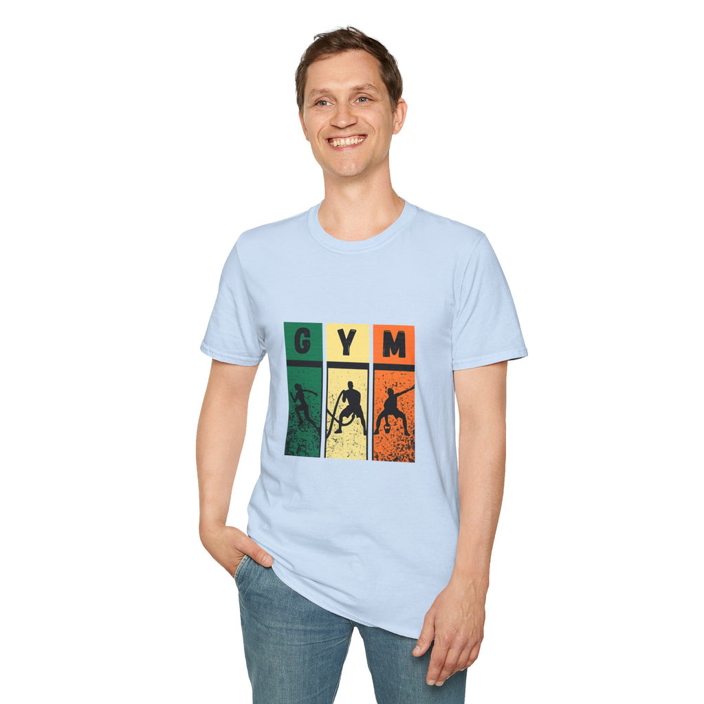 Gym Retro Blocks T‑Shirt — Vintage Fitness Silhouette Tee