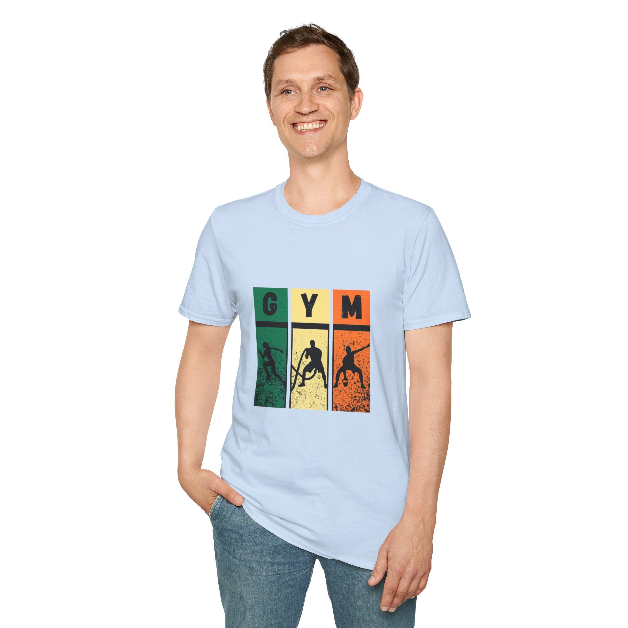 Gym Retro Blocks T‑Shirt — Vintage Fitness Silhouette Tee