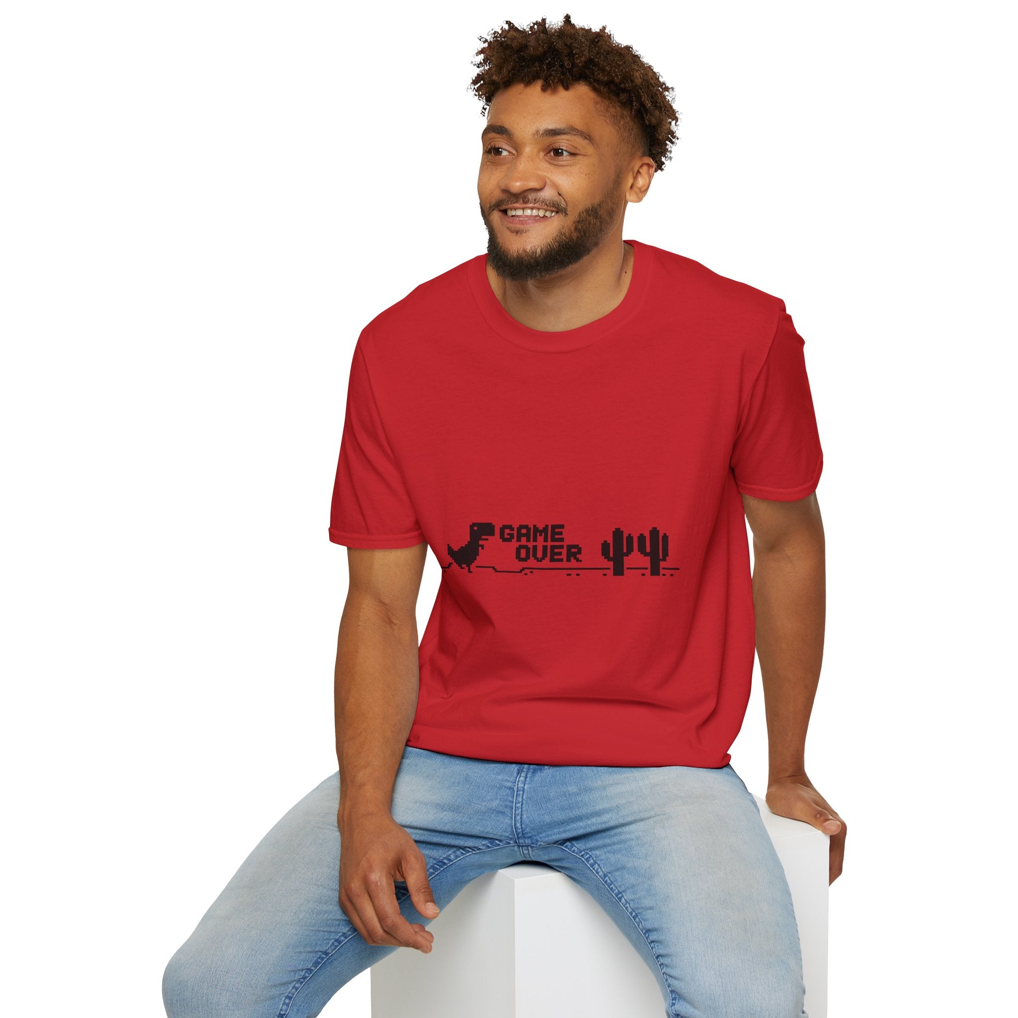T-Shirt — "Game Over" Dino Pixel Tee (Retro Dinosaur Side-Scroller Design)