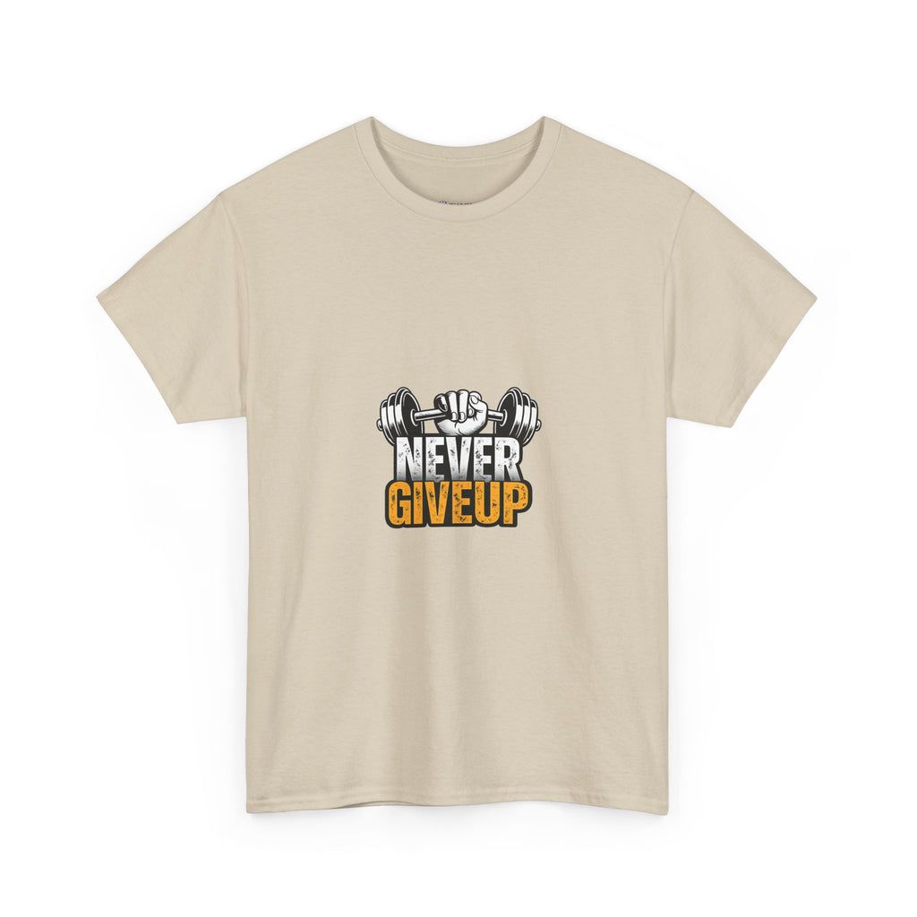 Never Give Up Fitness T-Shirt — Motivational Gym Tee with Dumbbell Graphic