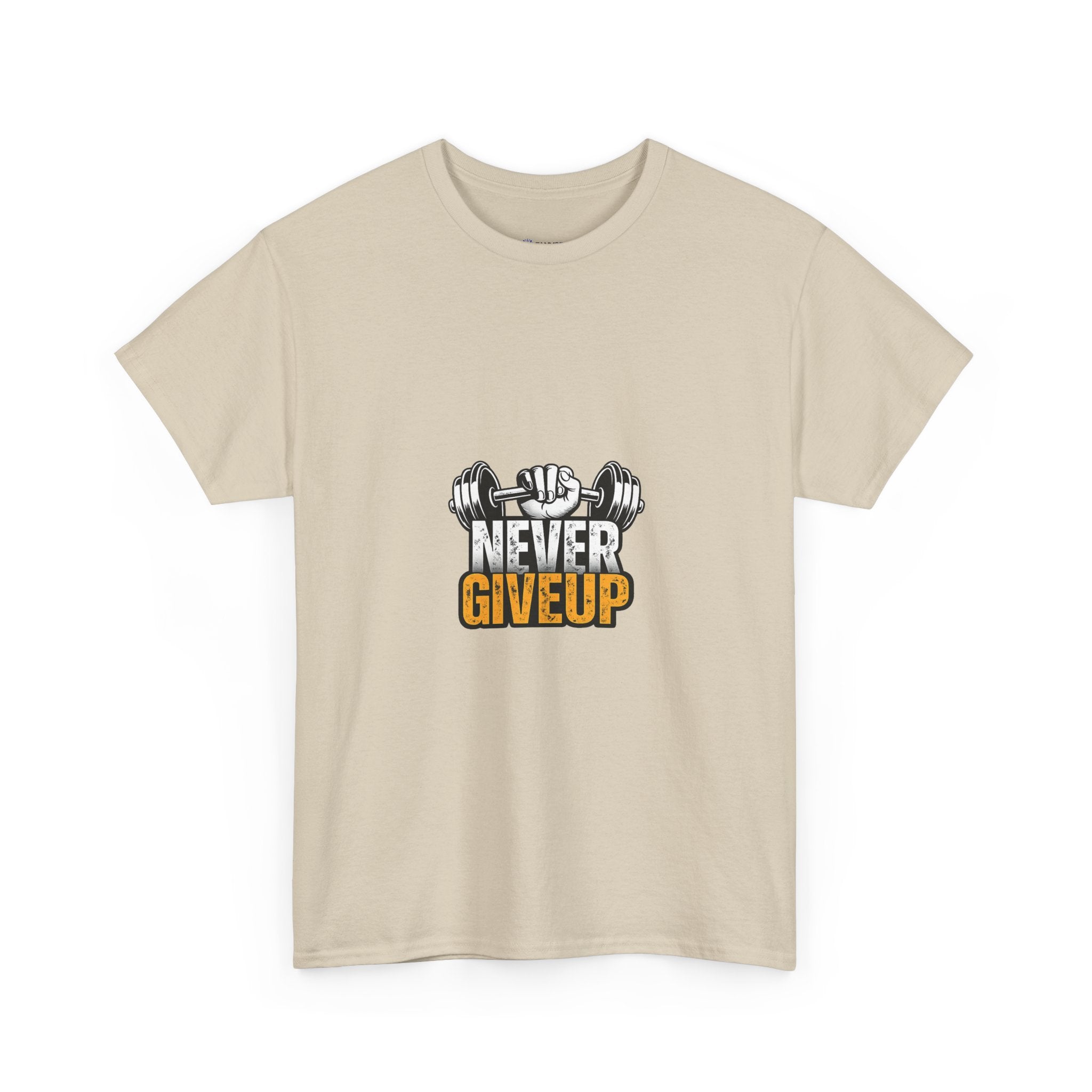 Never Give Up Fitness T-Shirt — Motivational Gym Tee with Dumbbell Graphic