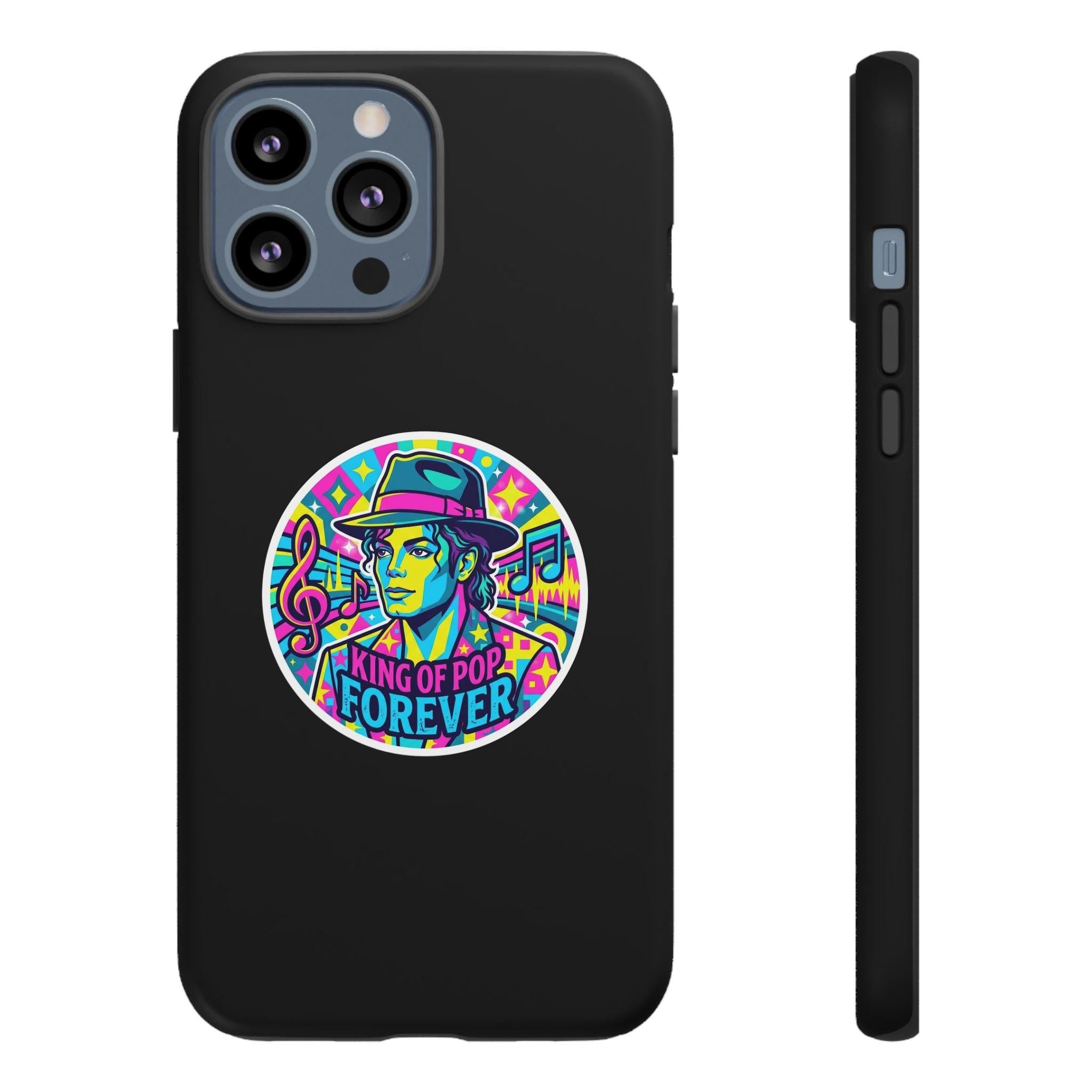 Matte Black iPhone Tough Cases 12 to 17 Pro Max  — "King of Pop Forever" Retro Pop Art Phone Case.