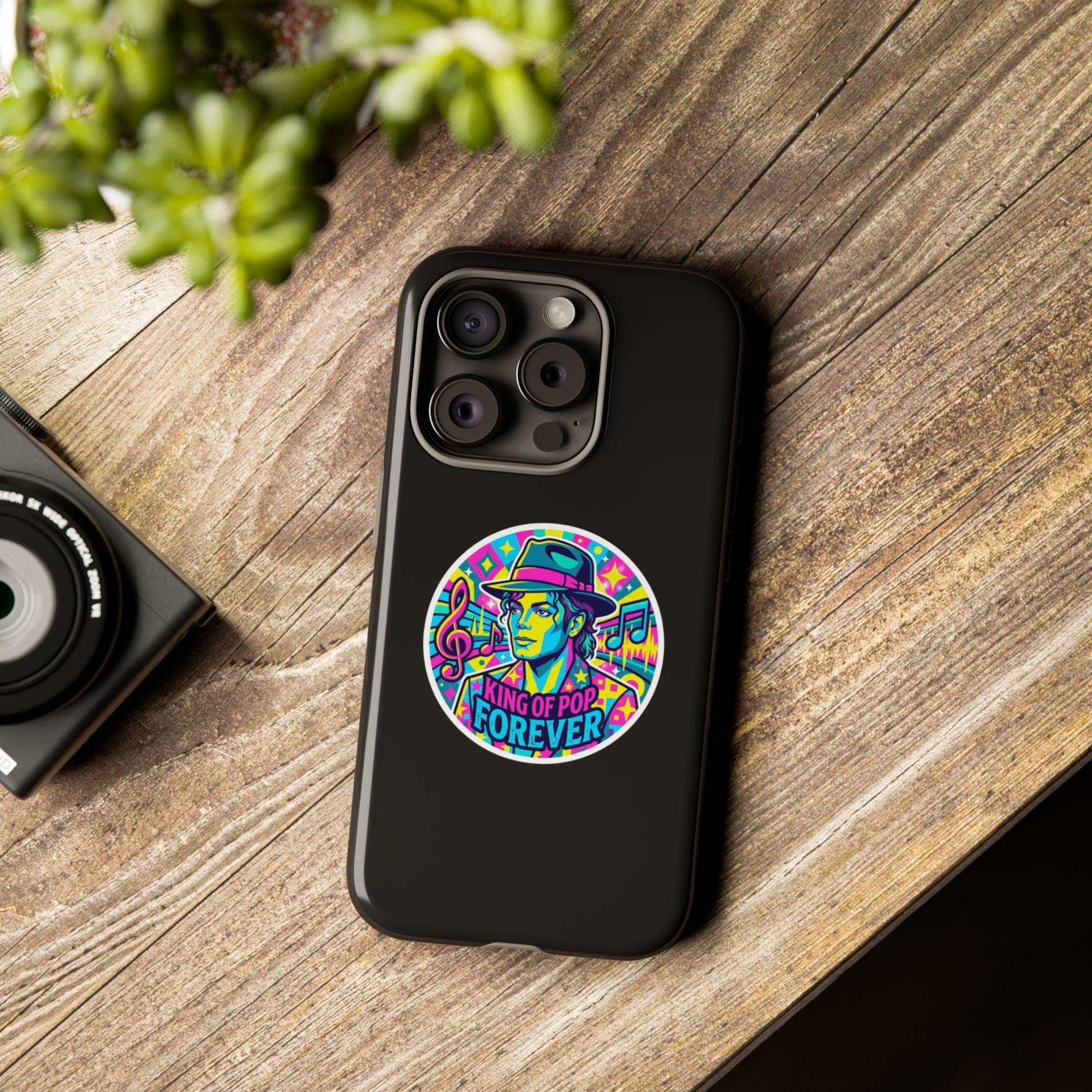 Matte Black iPhone Tough Cases 12 to 17 Pro Max  — "King of Pop Forever" Retro Pop Art Phone Case