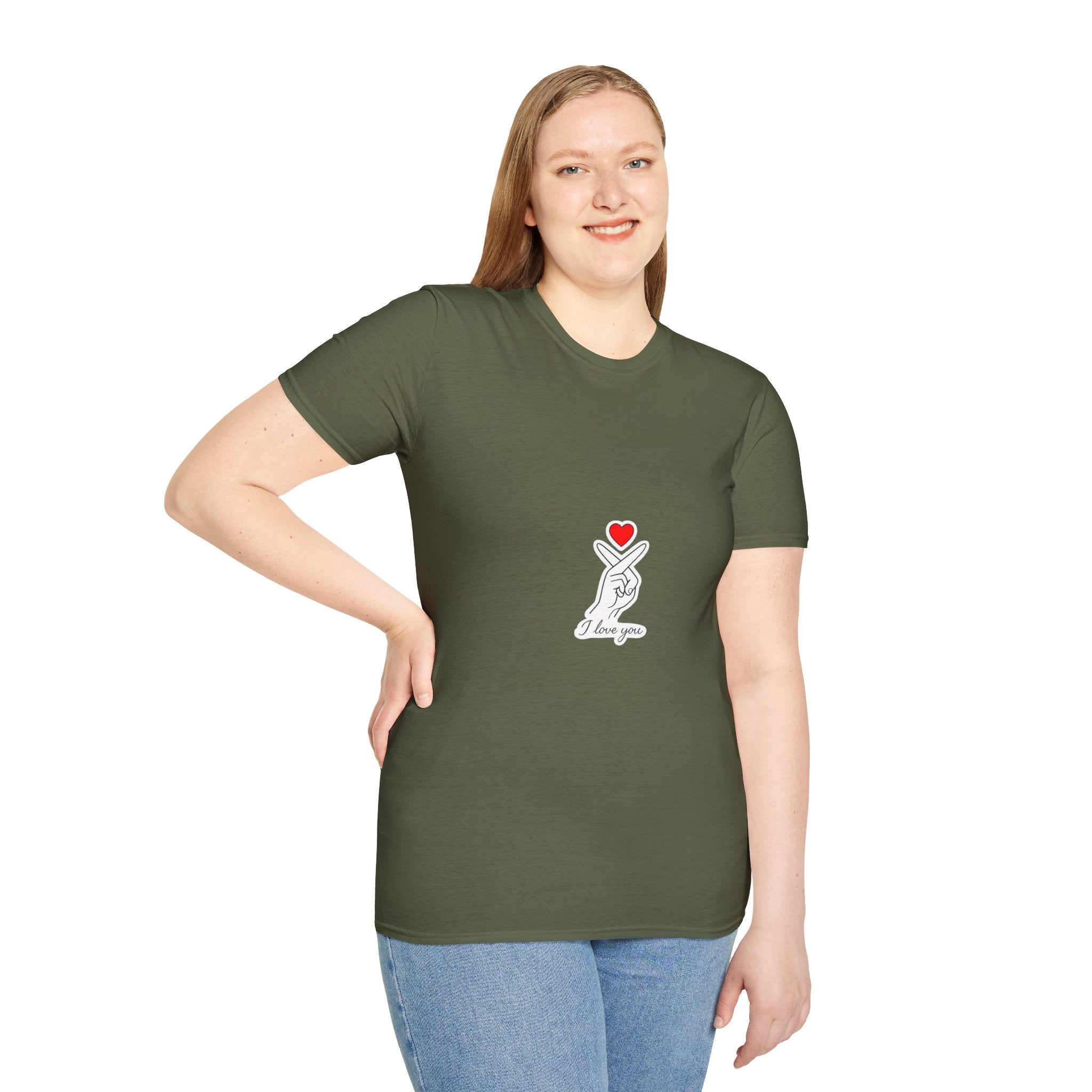 T-Shirt — Minimal Korean Finger Heart Design with 'I Love You' Pocket Graphic
