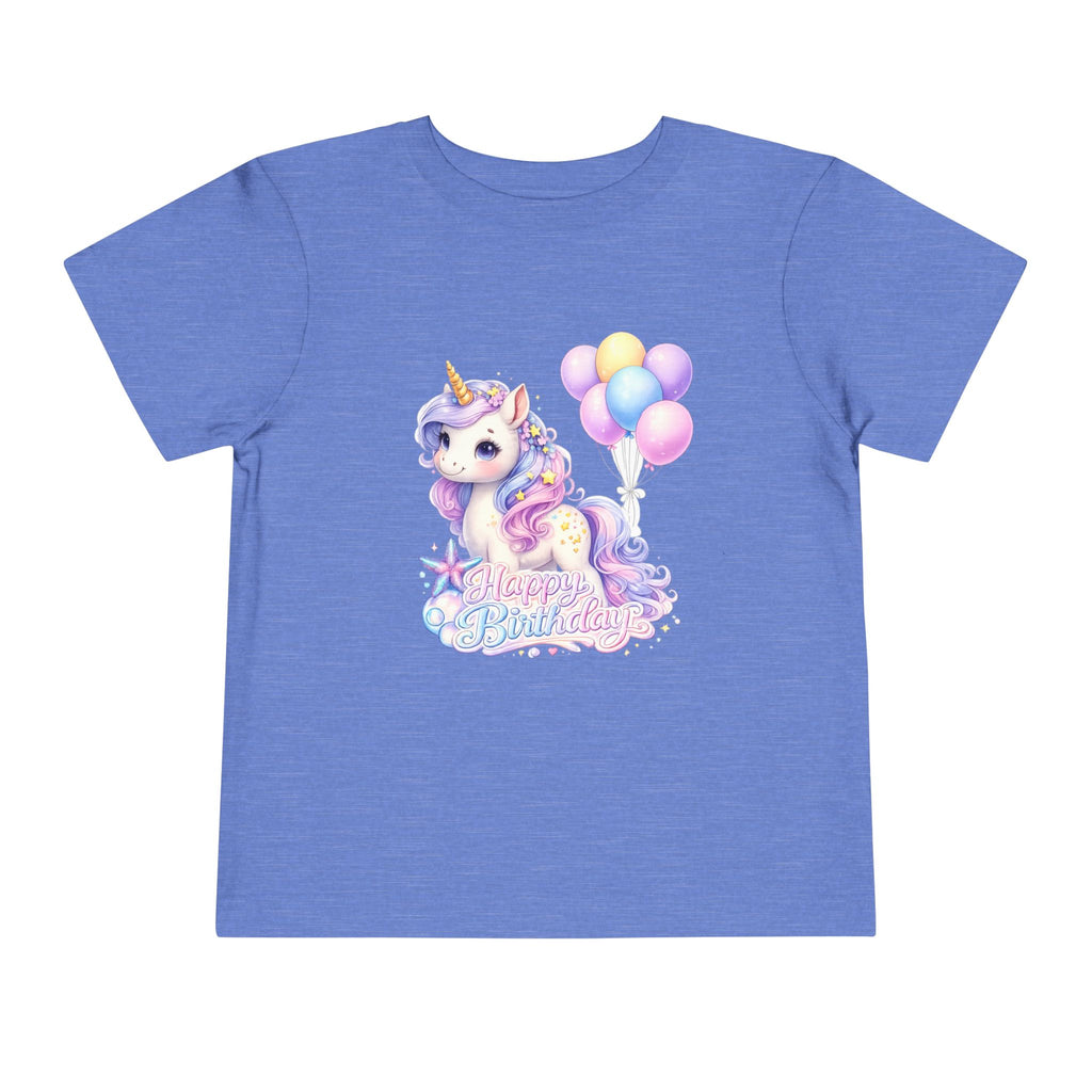 Toddler Tee — Pastel Unicorn "Happy Birthday" Shirt with Balloons