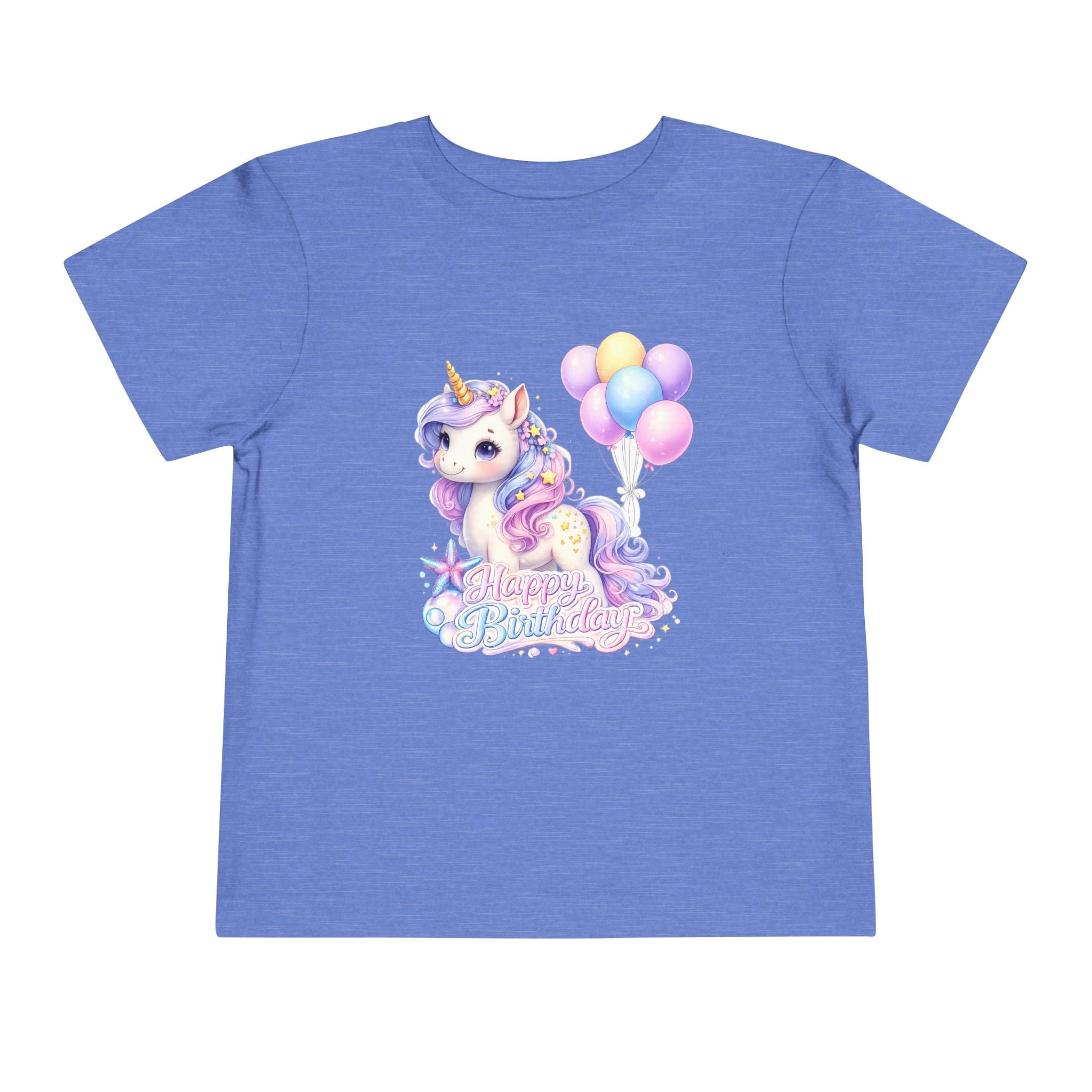 Toddler Tee — Pastel Unicorn "Happy Birthday" Shirt with Balloons