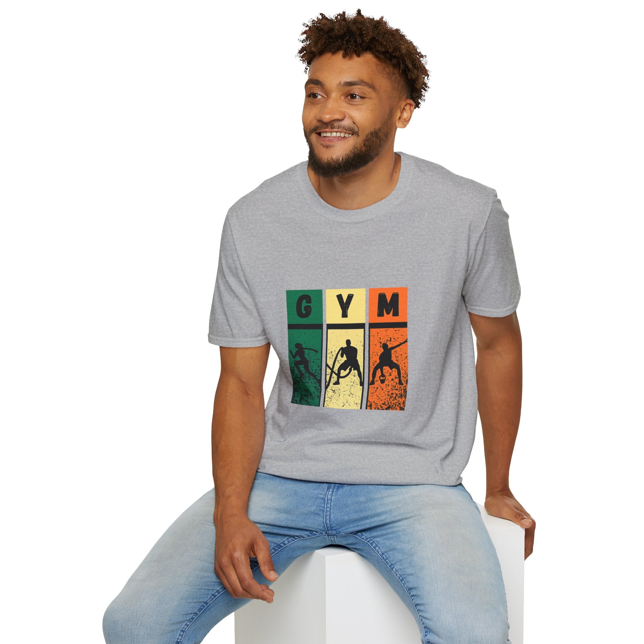 Gym Retro Blocks T‑Shirt — Vintage Fitness Silhouette Tee