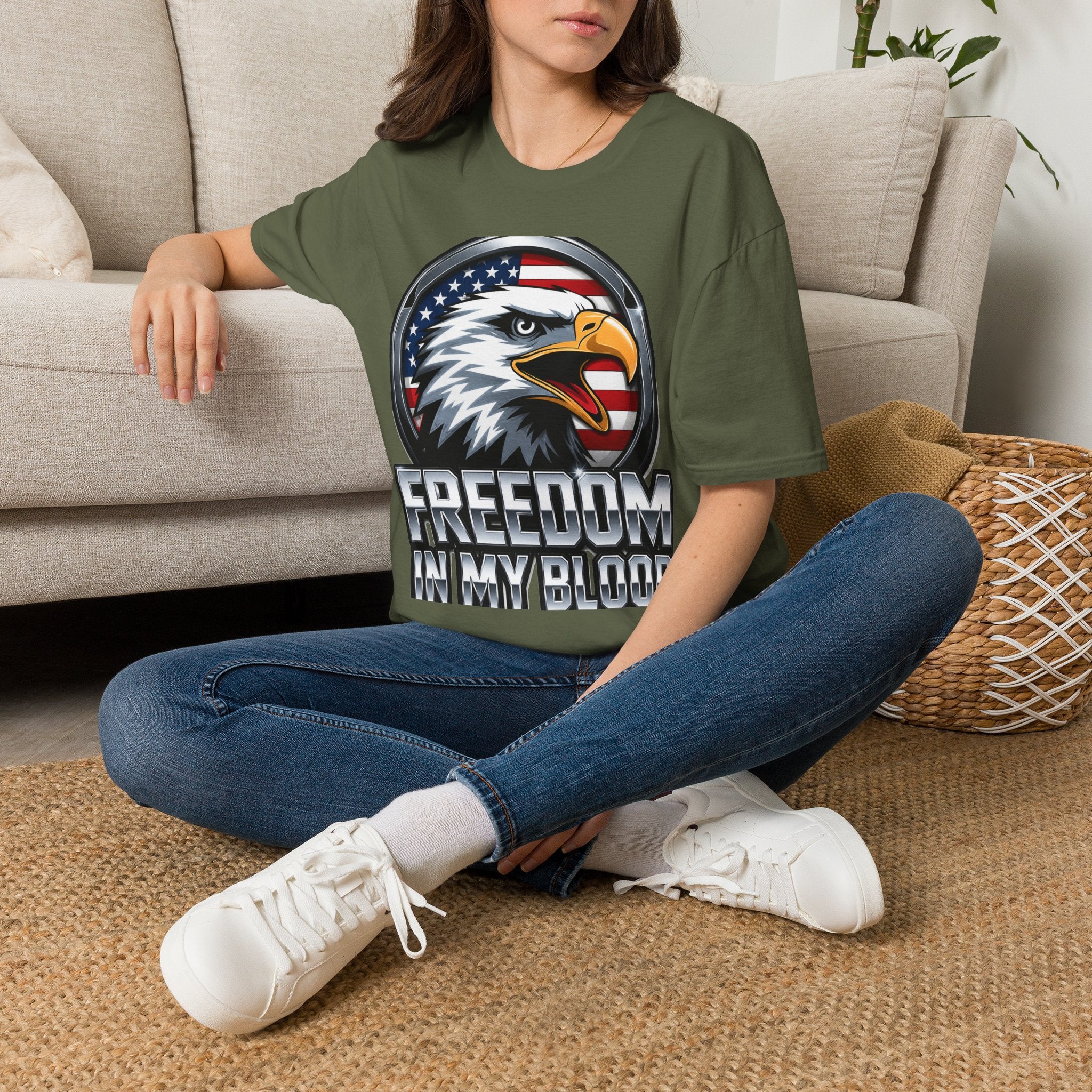 Patriotic Eagle T-Shirt — 'Freedom in My Blood' American Flag Tee design.