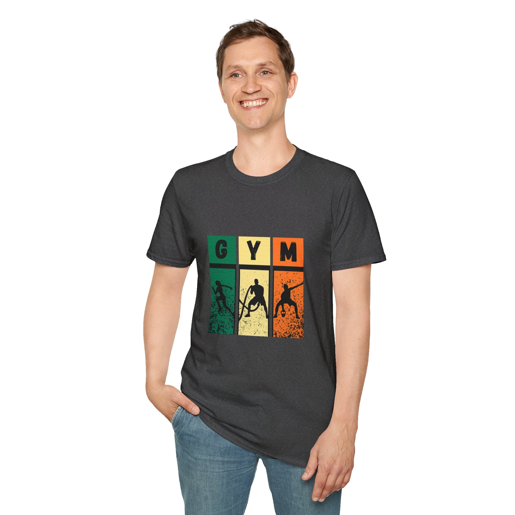 Gym Retro Blocks T‑Shirt — Vintage Fitness Silhouette Tee