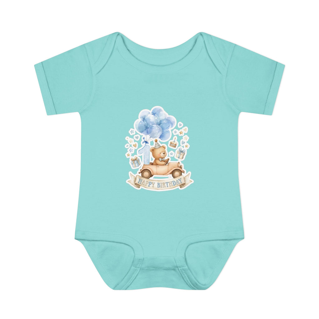 Baby Bodysuit - Blue Teddy Bear with Balloons "Happy Birthday" Infant Onesie