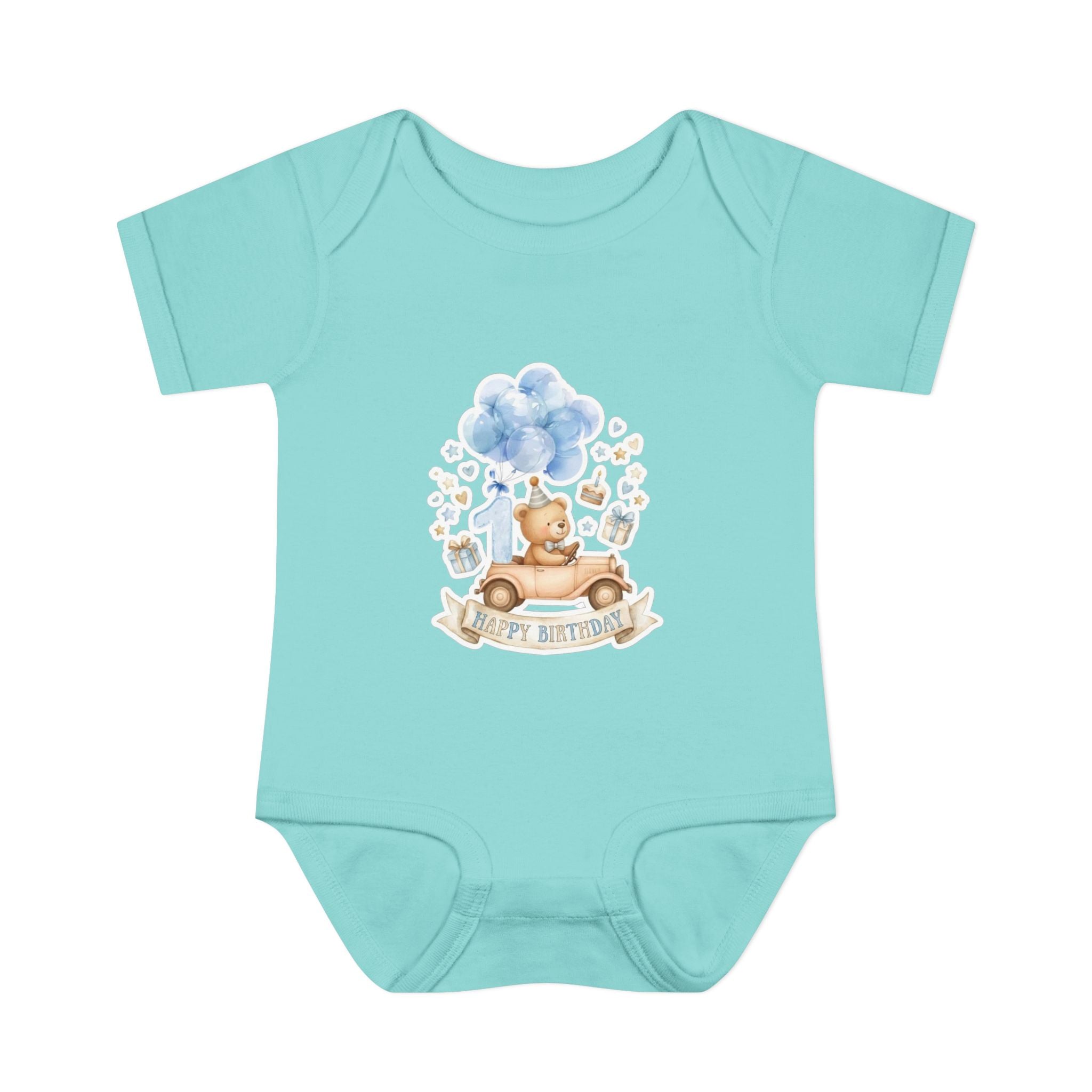 Baby Bodysuit - Blue Teddy Bear with Balloons "Happy Birthday" Infant Onesie
