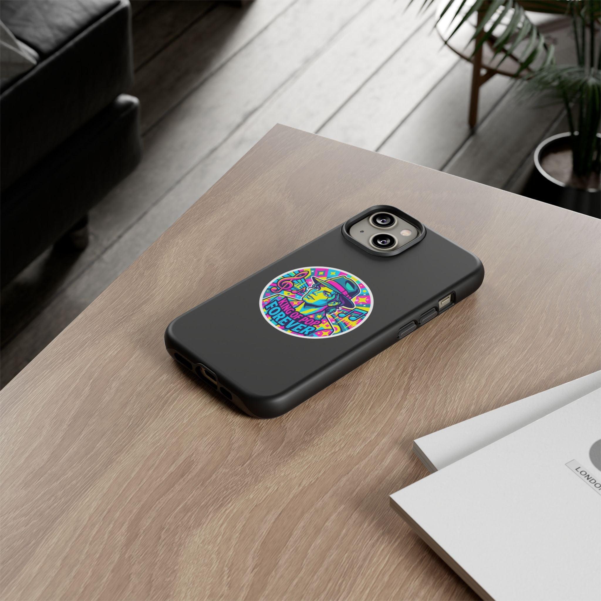 Matte Black iPhone Tough Cases 12 to 17 Pro Max  — "King of Pop Forever" Retro Pop Art Phone Case
