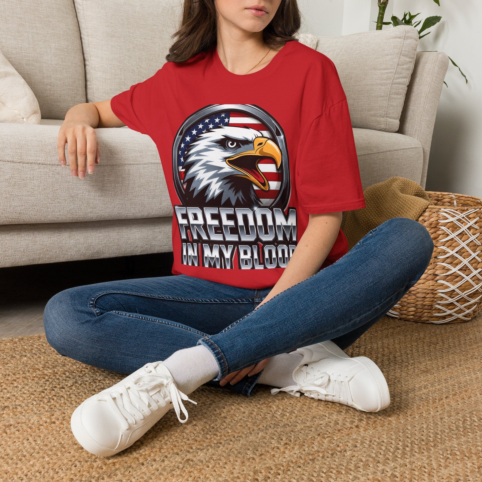 Patriotic Eagle T-Shirt — 'Freedom in My Blood' American Flag Tee design.