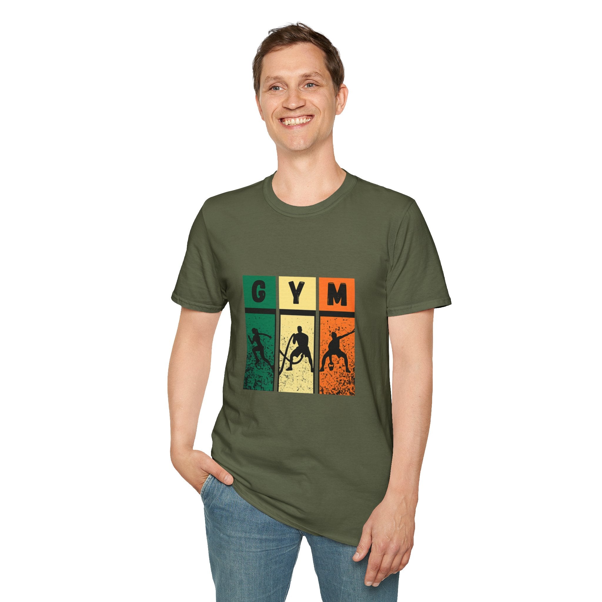Gym Retro Blocks T‑Shirt — Vintage Fitness Silhouette Tee