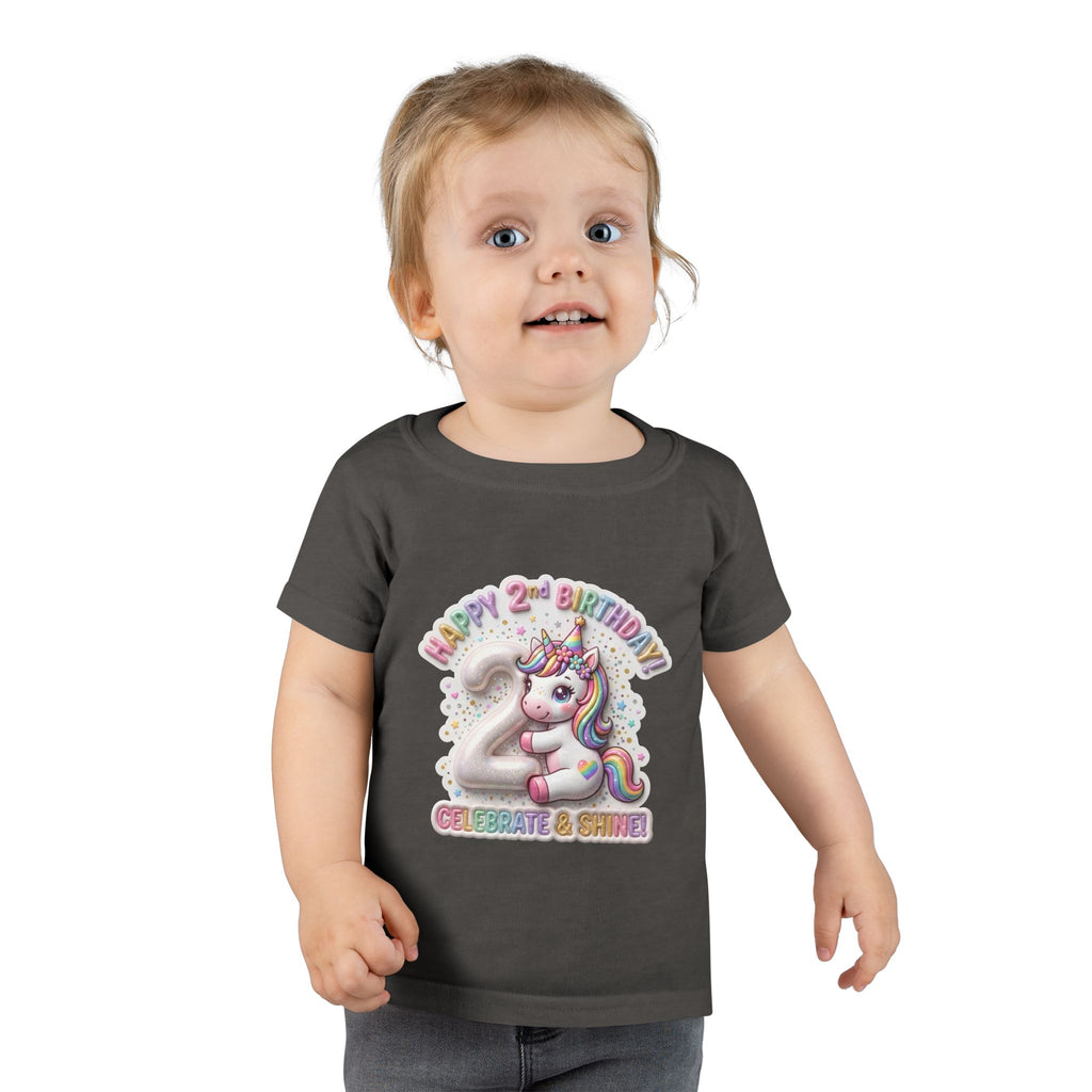 Toddler T-shirt — "Happy 2nd Birthday" Unicorn Celebrate & Shine