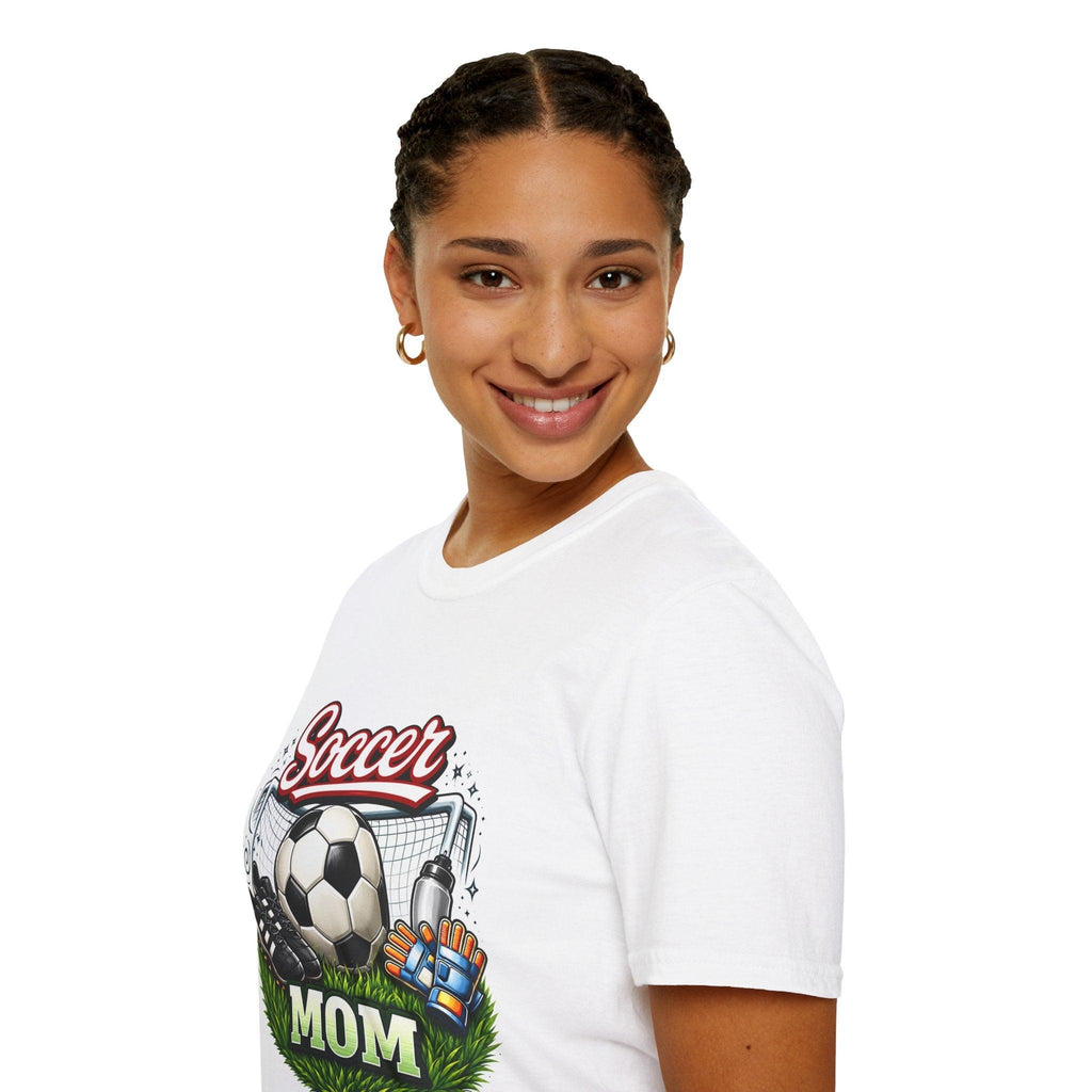 Soccer Mom T-Shirt — Graphic Soccer Ball, Cleats & Goal Tee.