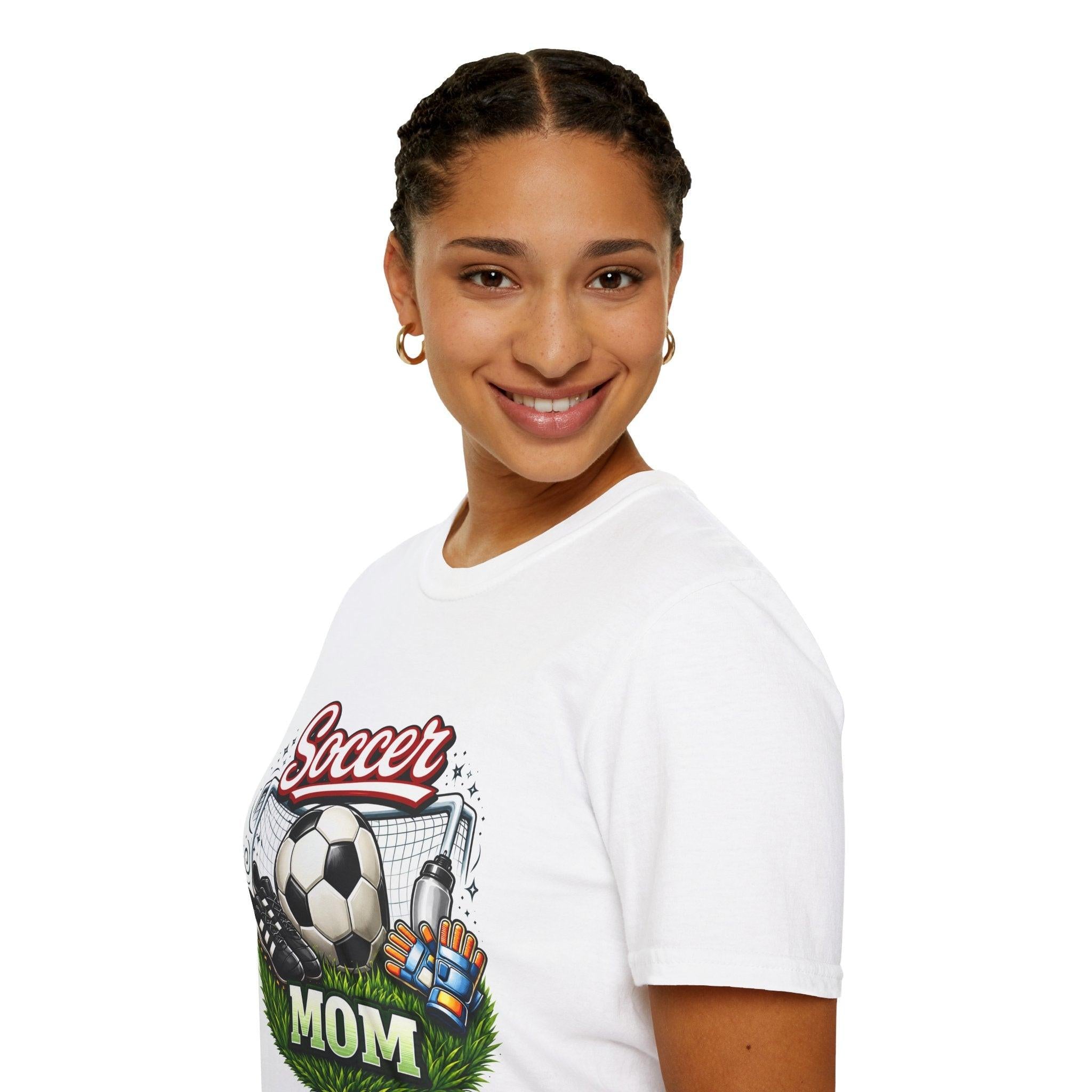 Soccer Mom T-Shirt — Graphic Soccer Ball, Cleats & Goal Tee.