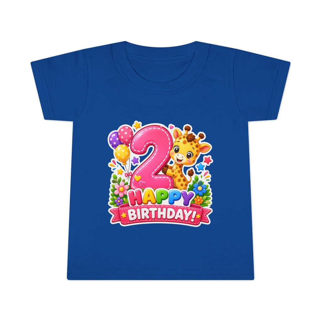 2nd Birthday Toddler T-Shirt — Cute Giraffe "Happy Birthday" Design