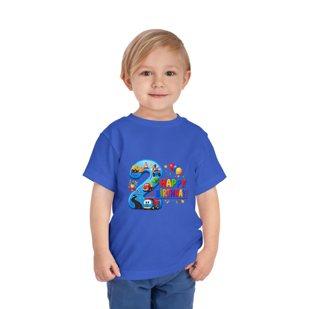 2nd Birthday Toddler Tee — Happy Birthday Number 2 with Cars & Balloons
