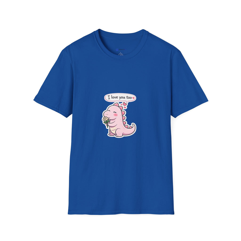 Cute Pink Dino T‑Shirt — "I love you too" Valentine Tee