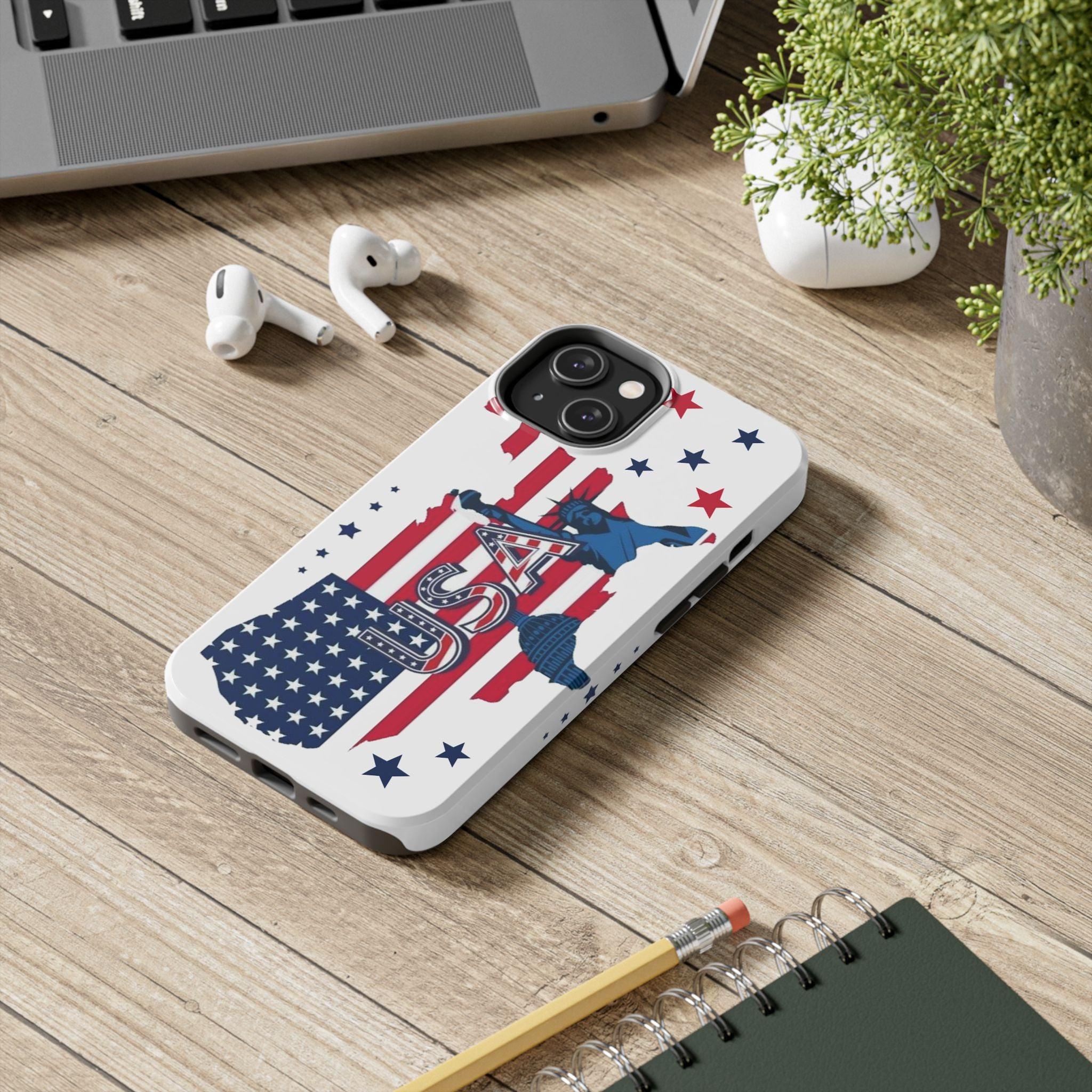 Patriotic USA Tough Phone Case — American Flag Soldier Silhouette.