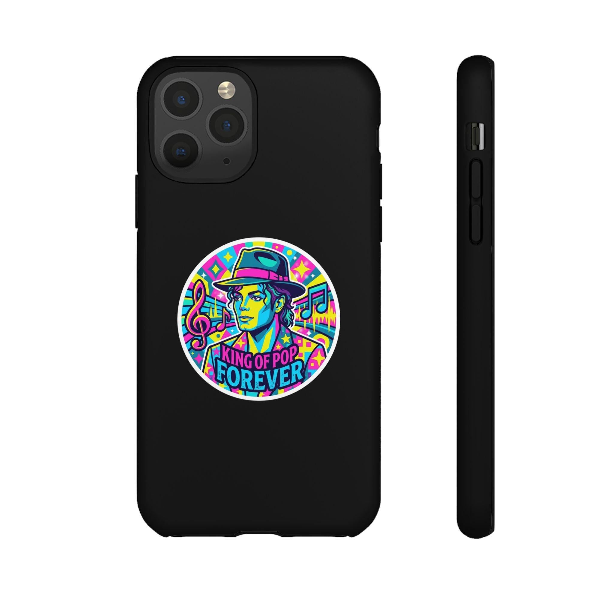 Matte Black iPhone Tough Cases 12 to 17 Pro Max  — "King of Pop Forever" Retro Pop Art Phone Case.