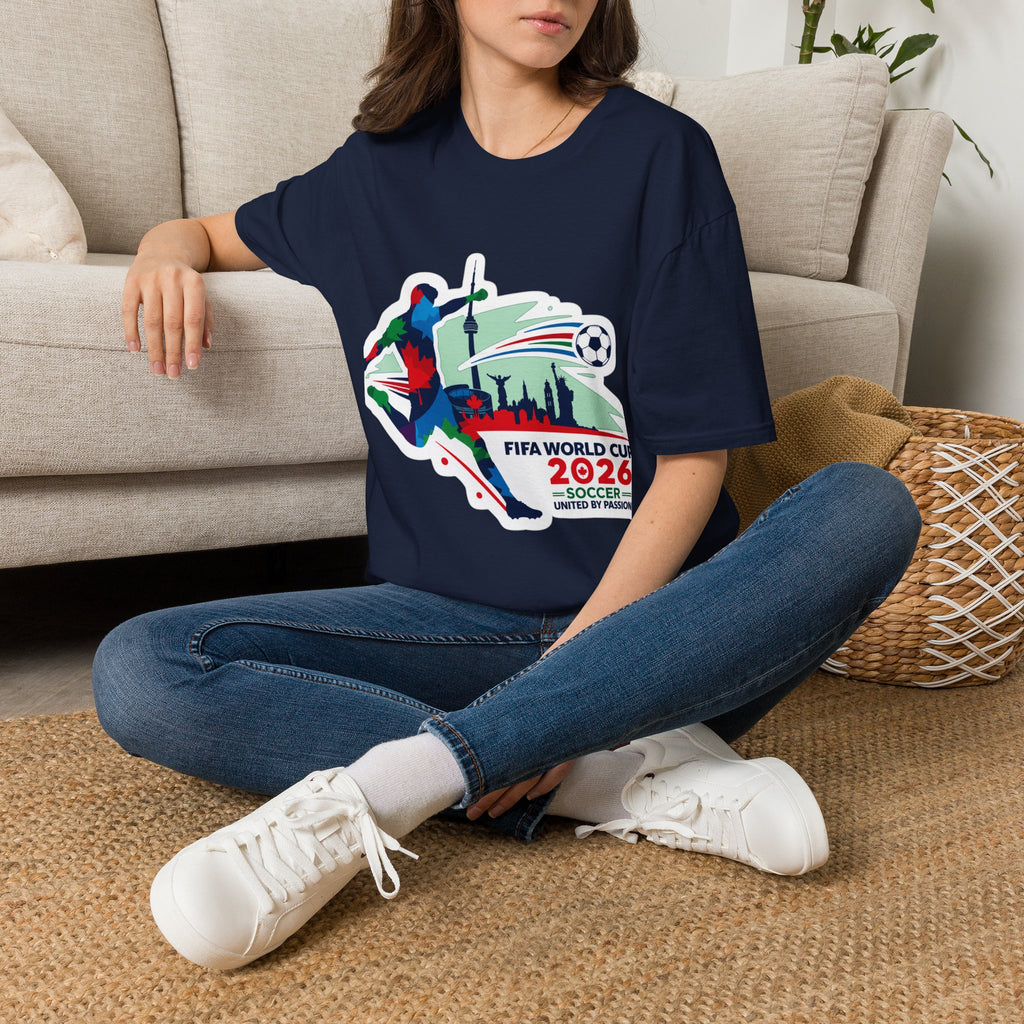 Soccer Cup 2026 T-Shirt — Colorful Player Silhouette with Stadium Skyline