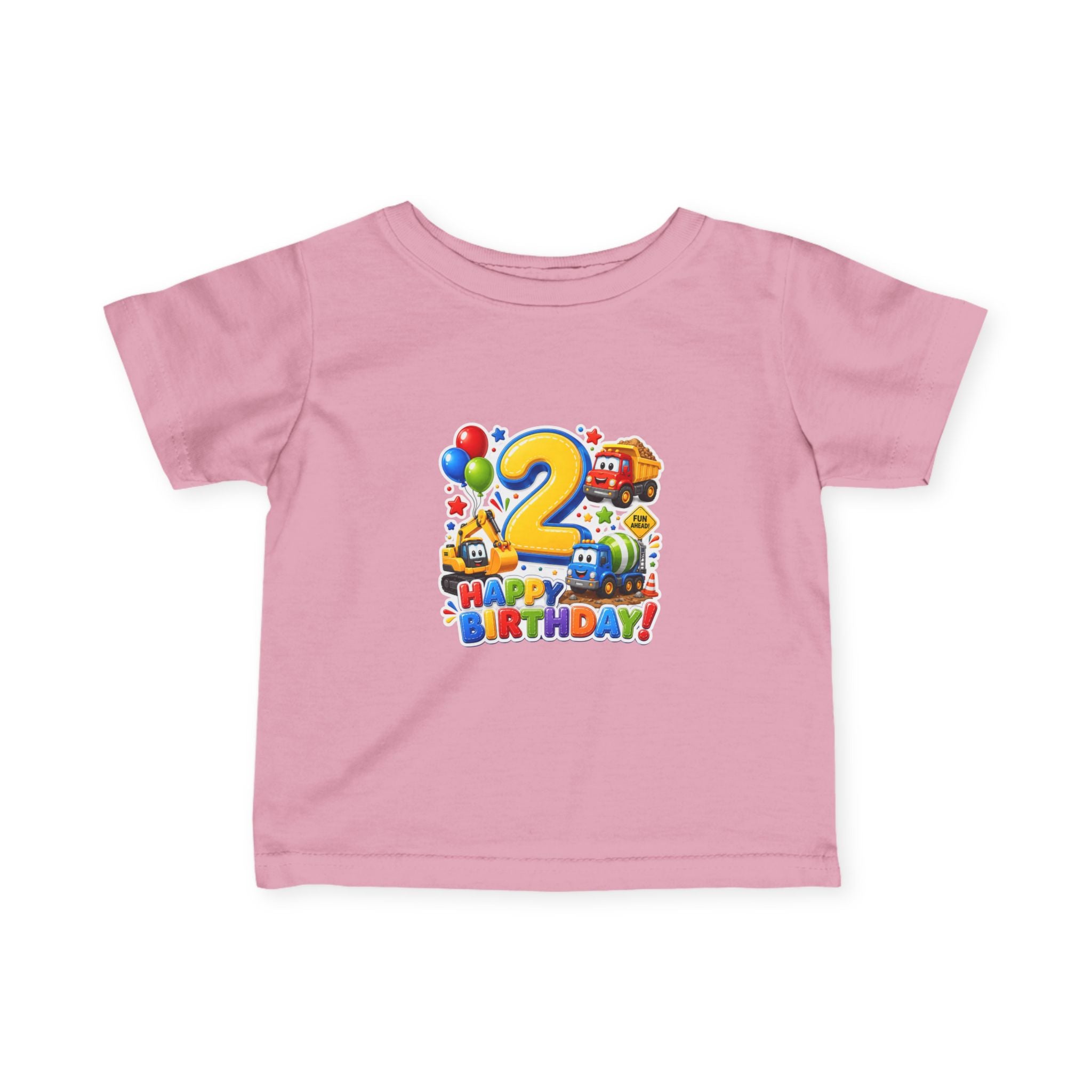 2nd Birthday Infant Tee — Colorful Trucks, Balloons & 'Happy Birthday' Design