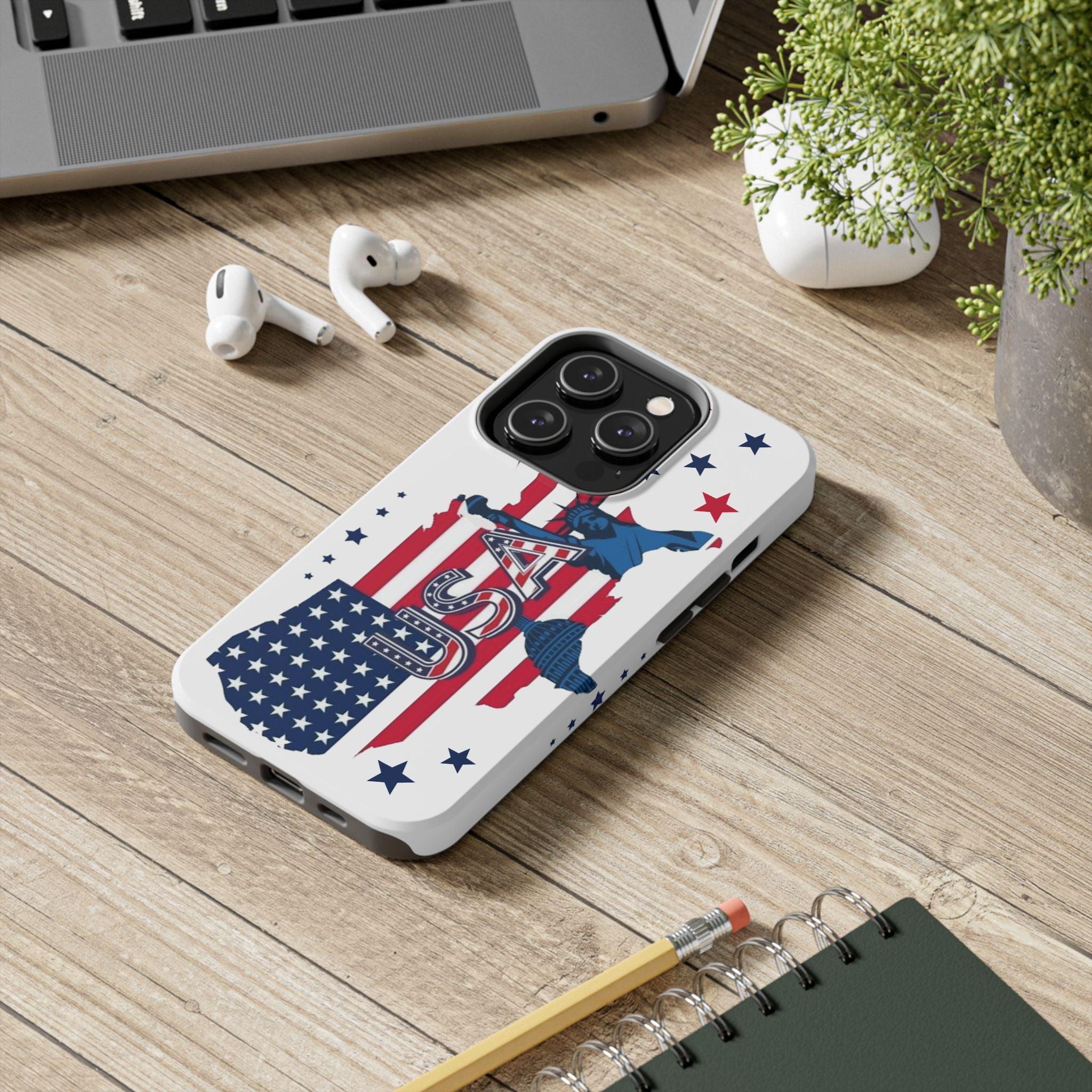 Patriotic USA Tough Phone Case — American Flag Soldier Silhouette.
