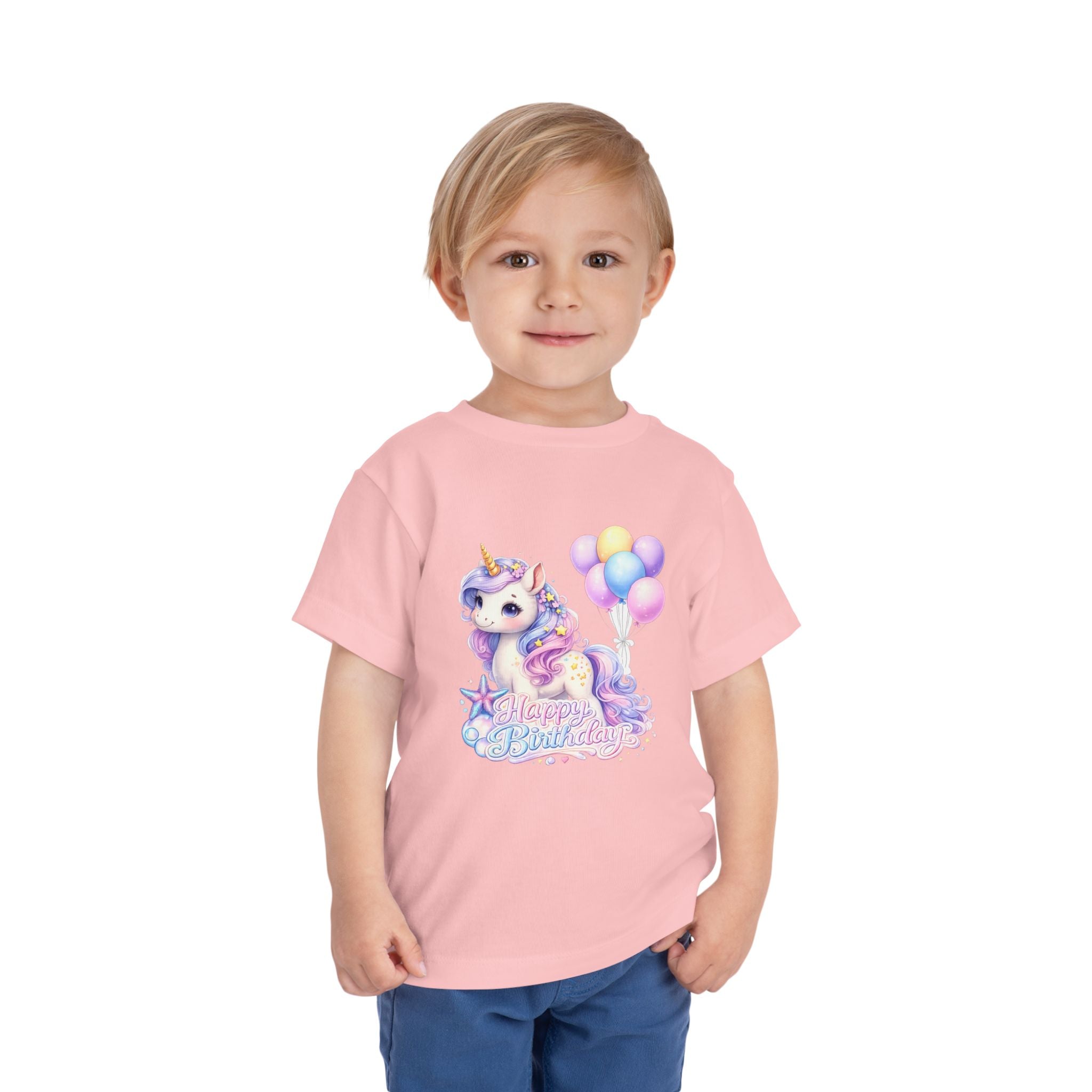 Toddler Tee — Pastel Unicorn "Happy Birthday" Shirt with Balloons