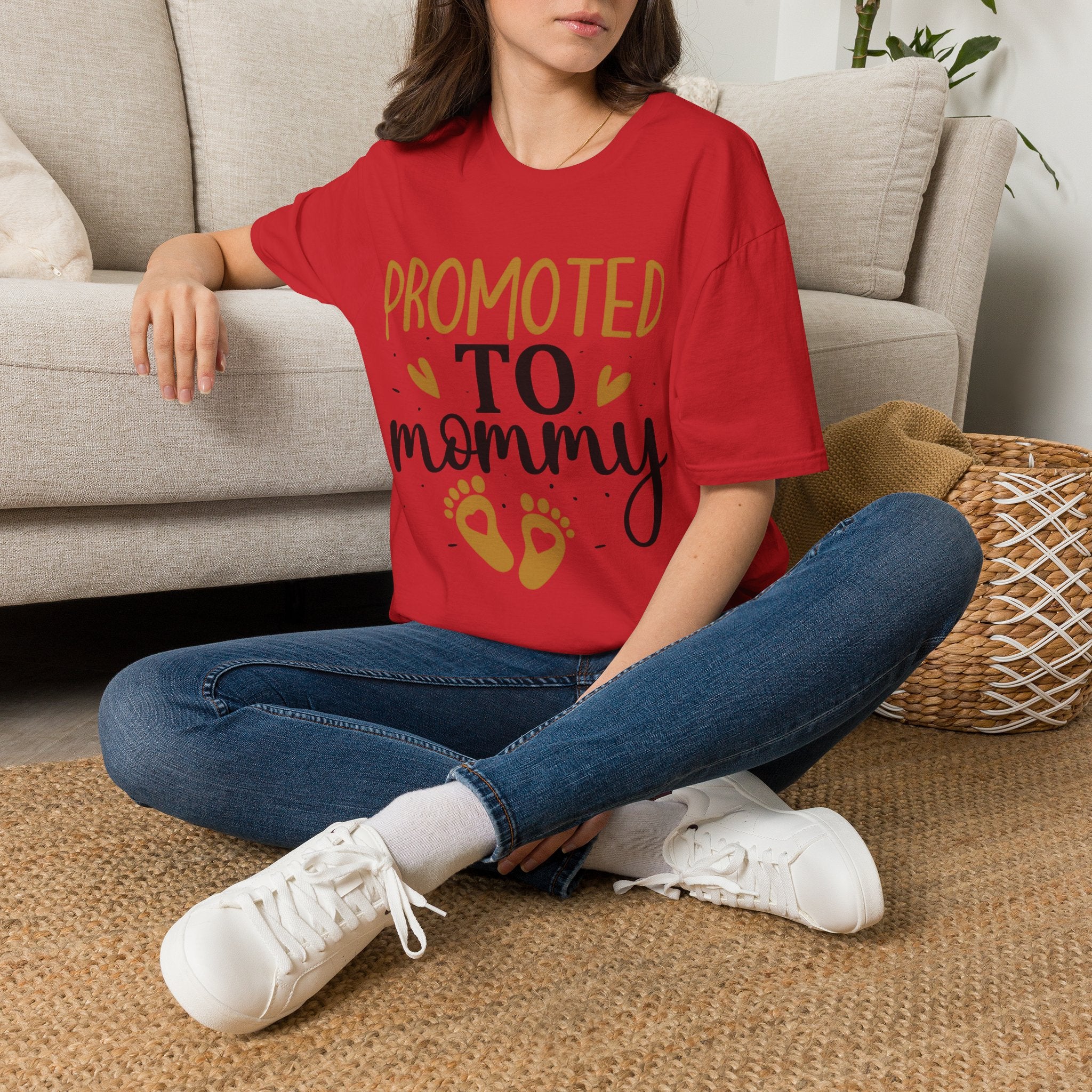 Promoted to Mommy T-Shirt — Pregnancy Announcement Tee with Gold Hearts & Baby Footprints