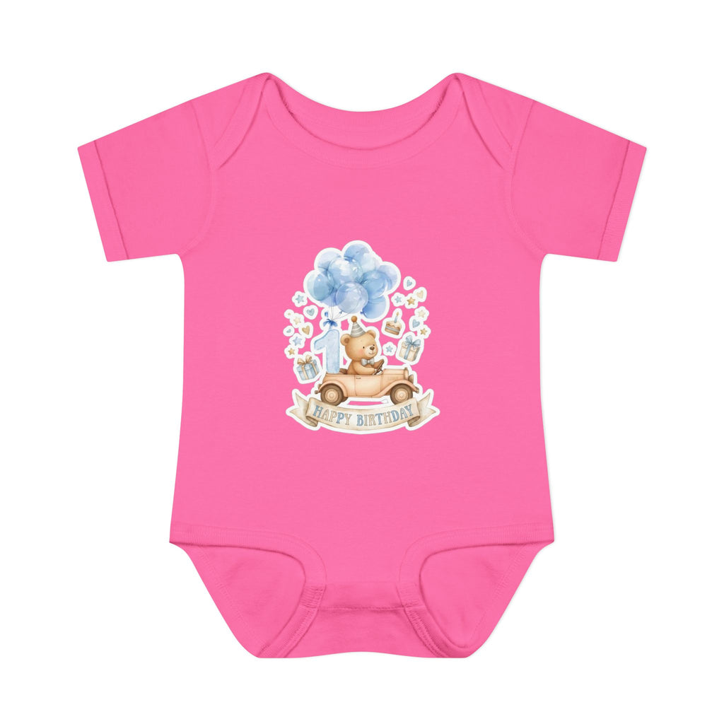 Baby Bodysuit - Blue Teddy Bear with Balloons "Happy Birthday" Infant Onesie