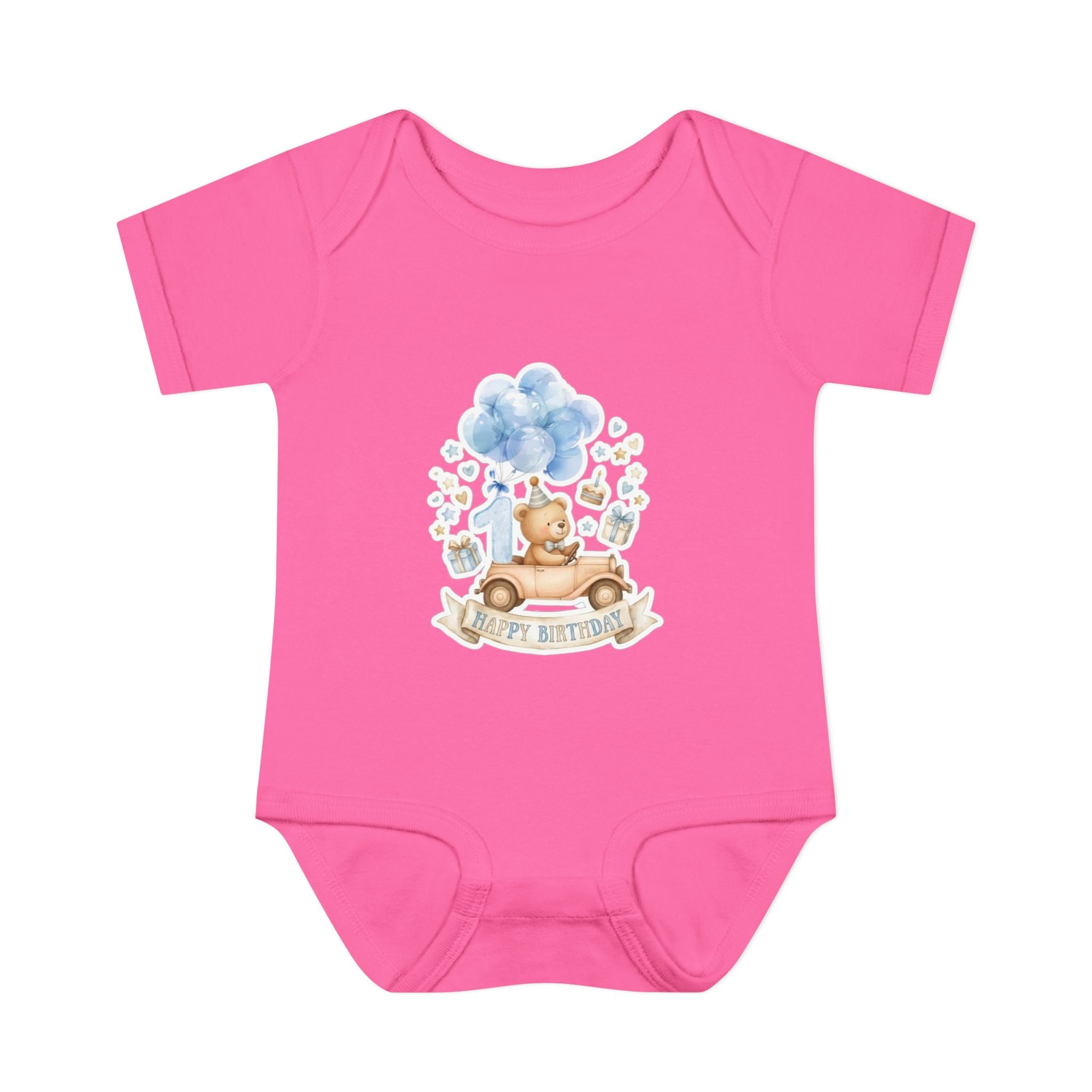 Baby Bodysuit - Blue Teddy Bear with Balloons "Happy Birthday" Infant Onesie