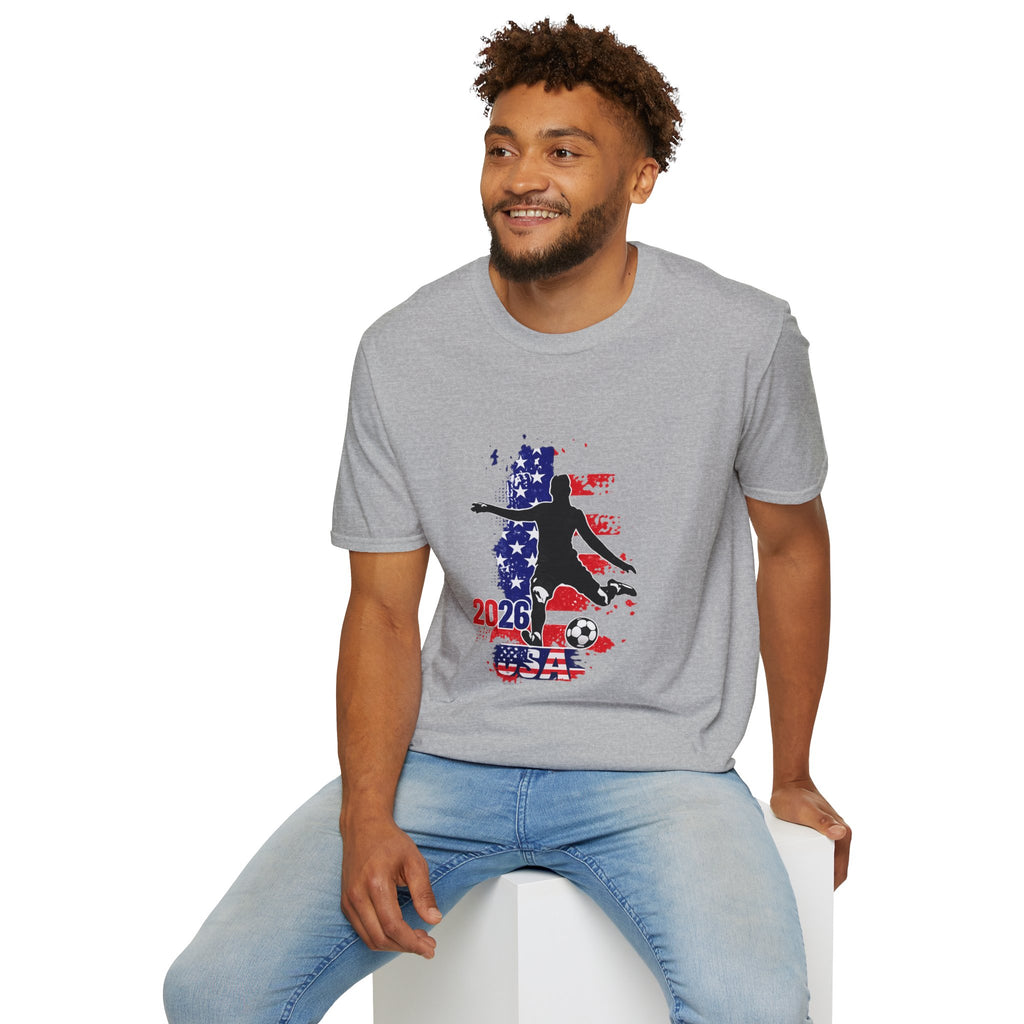 USA Soccer Player Silhouette T-Shirt — American Flag Soccer 2026 Fan Tee