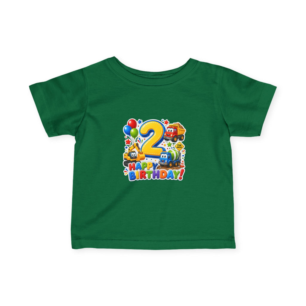 2nd Birthday Infant Tee — Colorful Trucks, Balloons & 'Happy Birthday' Design