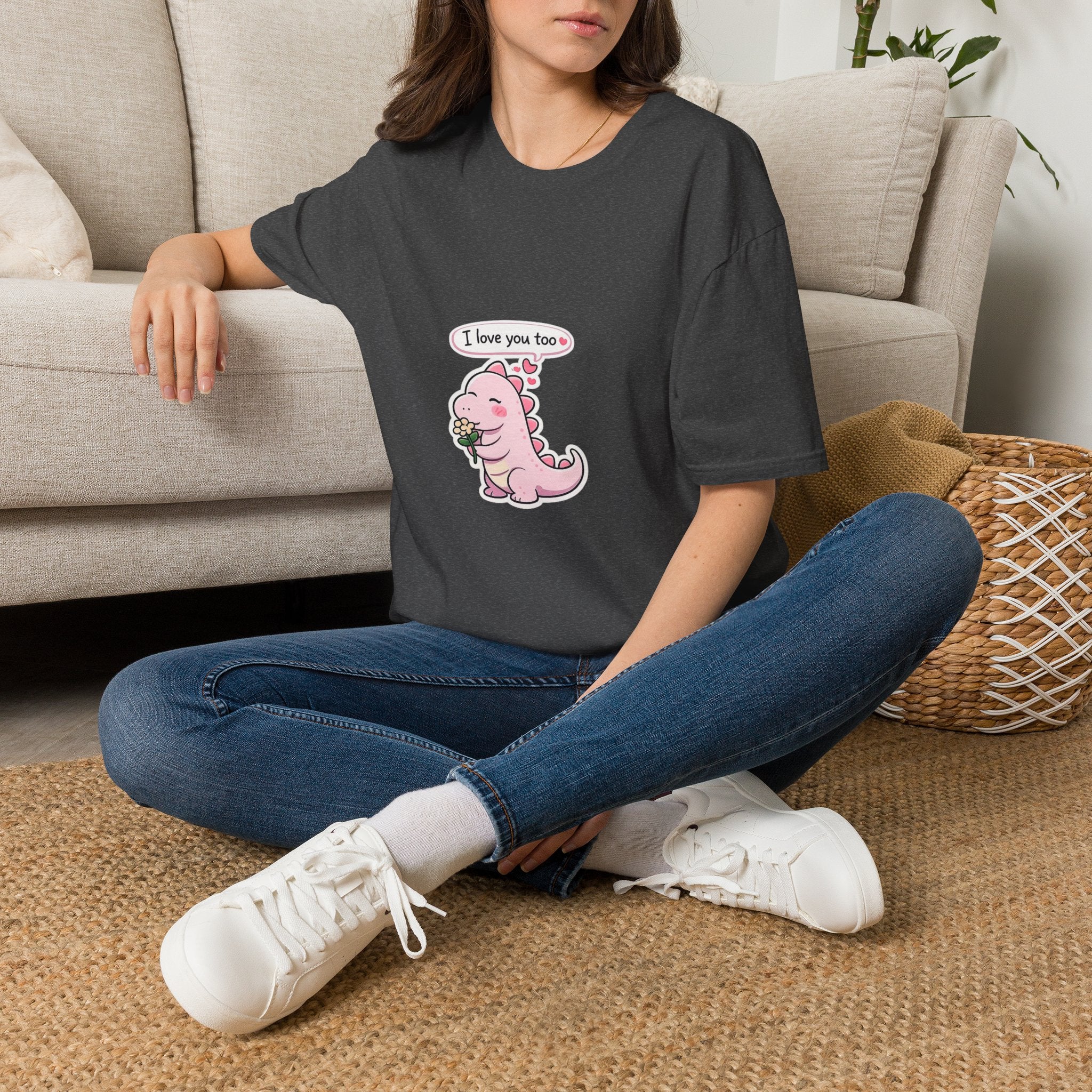 Cute Pink Dino T‑Shirt — "I love you too" Valentine Tee