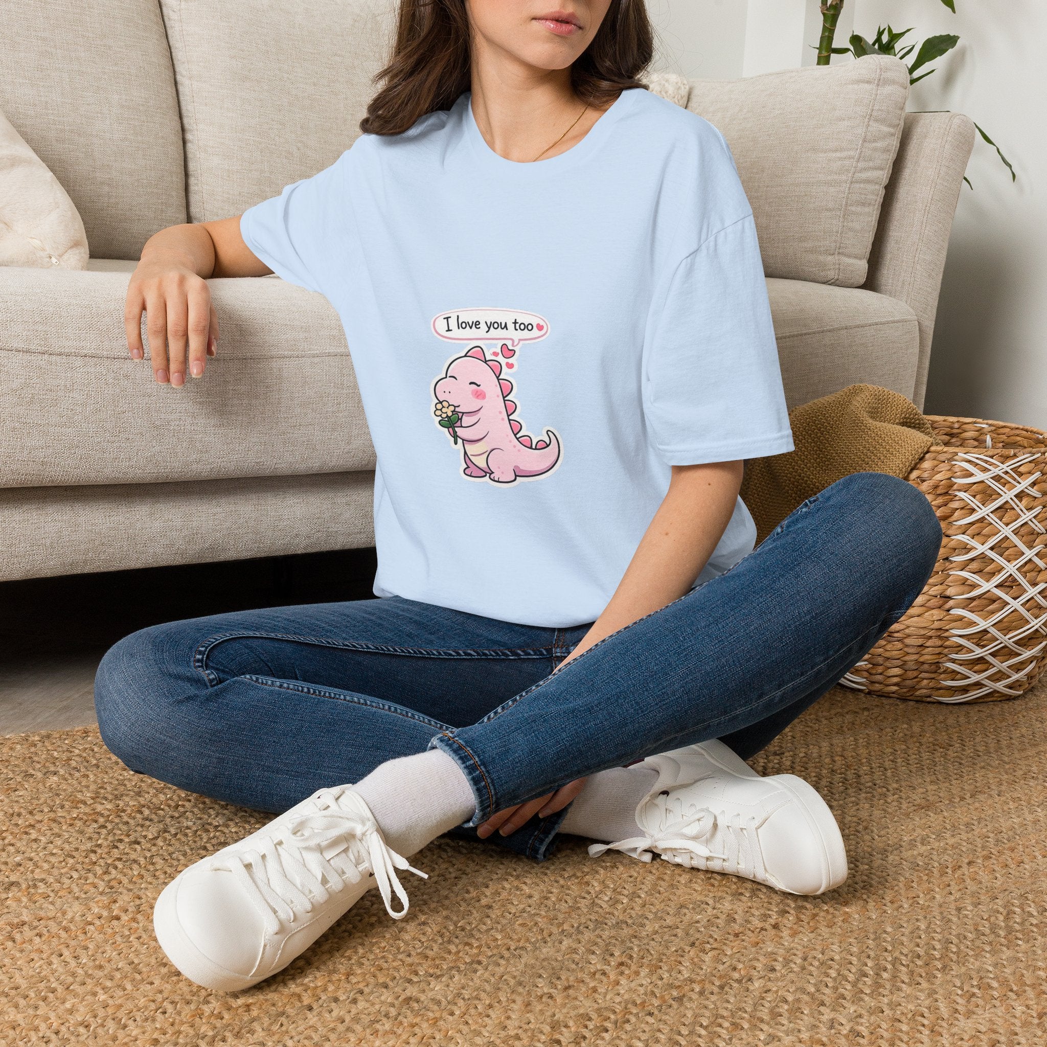 Cute Pink Dino T‑Shirt — "I love you too" Valentine Tee