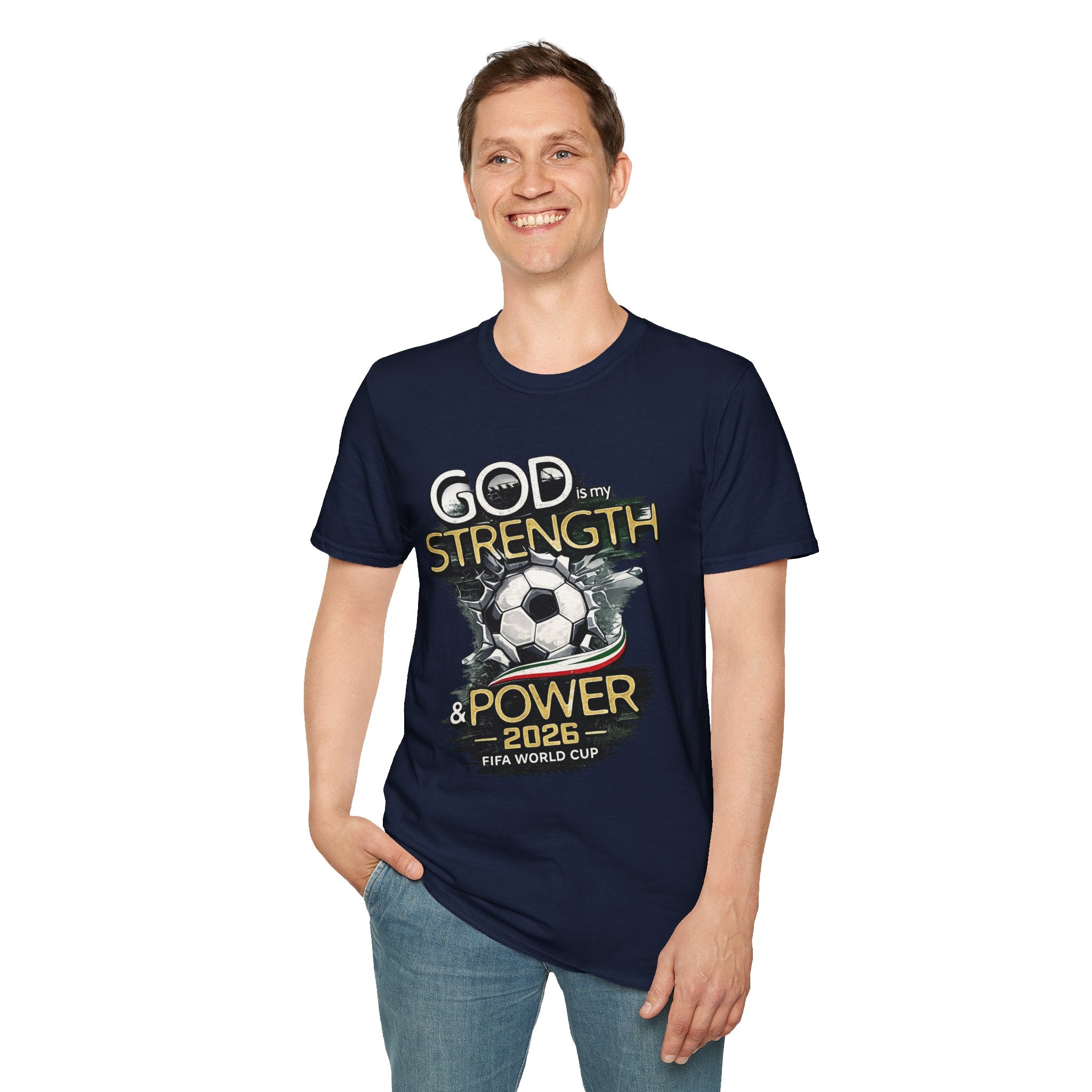 God Is My Strength Soccer T-Shirt — Christian Faith & Football Power 2026