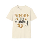 Promoted to Mommy T-Shirt — Pregnancy Announcement Tee with Gold Hearts & Baby Footprints
