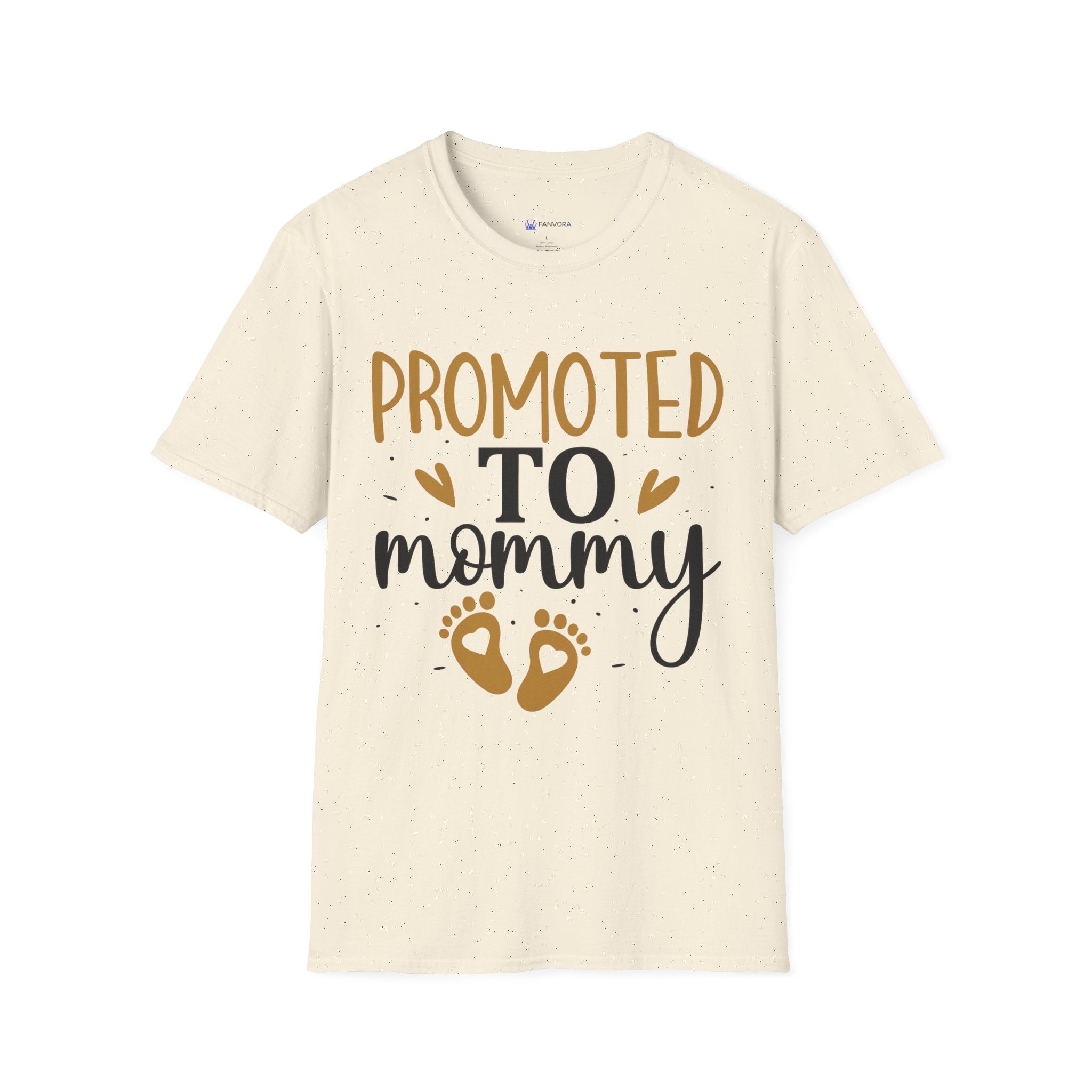 Promoted to Mommy T-Shirt — Pregnancy Announcement Tee with Gold Hearts & Baby Footprints