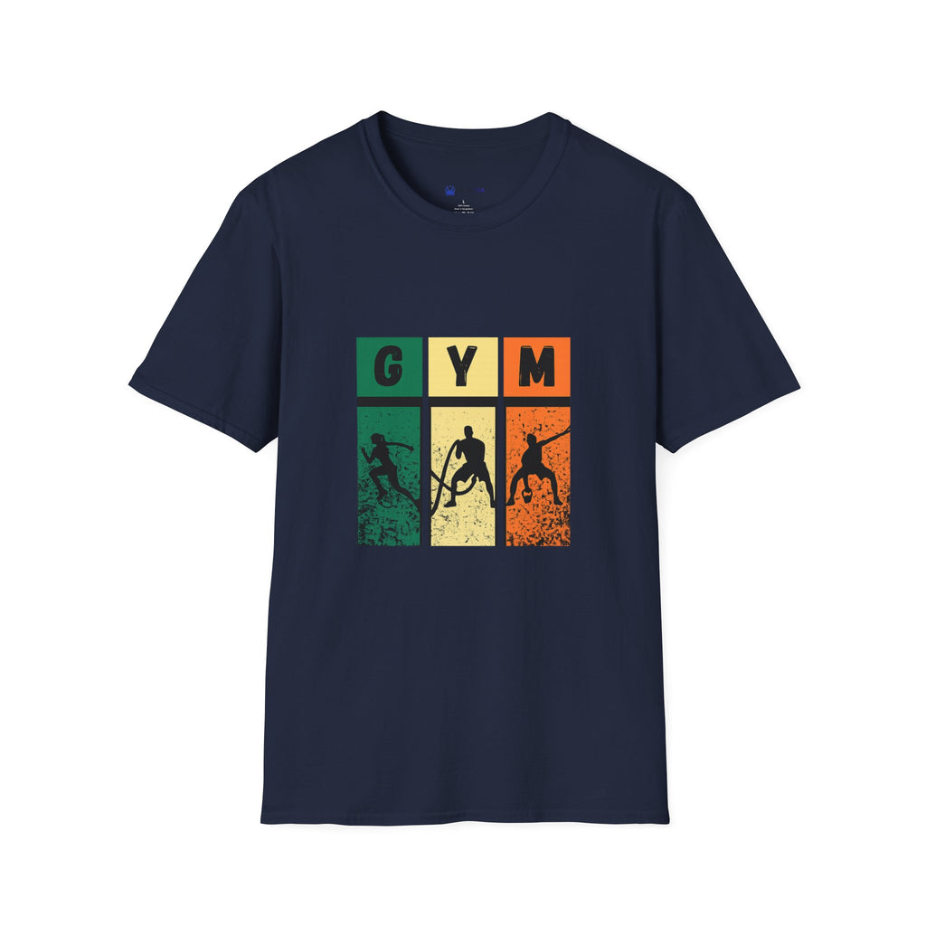 Gym Retro Blocks T‑Shirt — Vintage Fitness Silhouette Tee