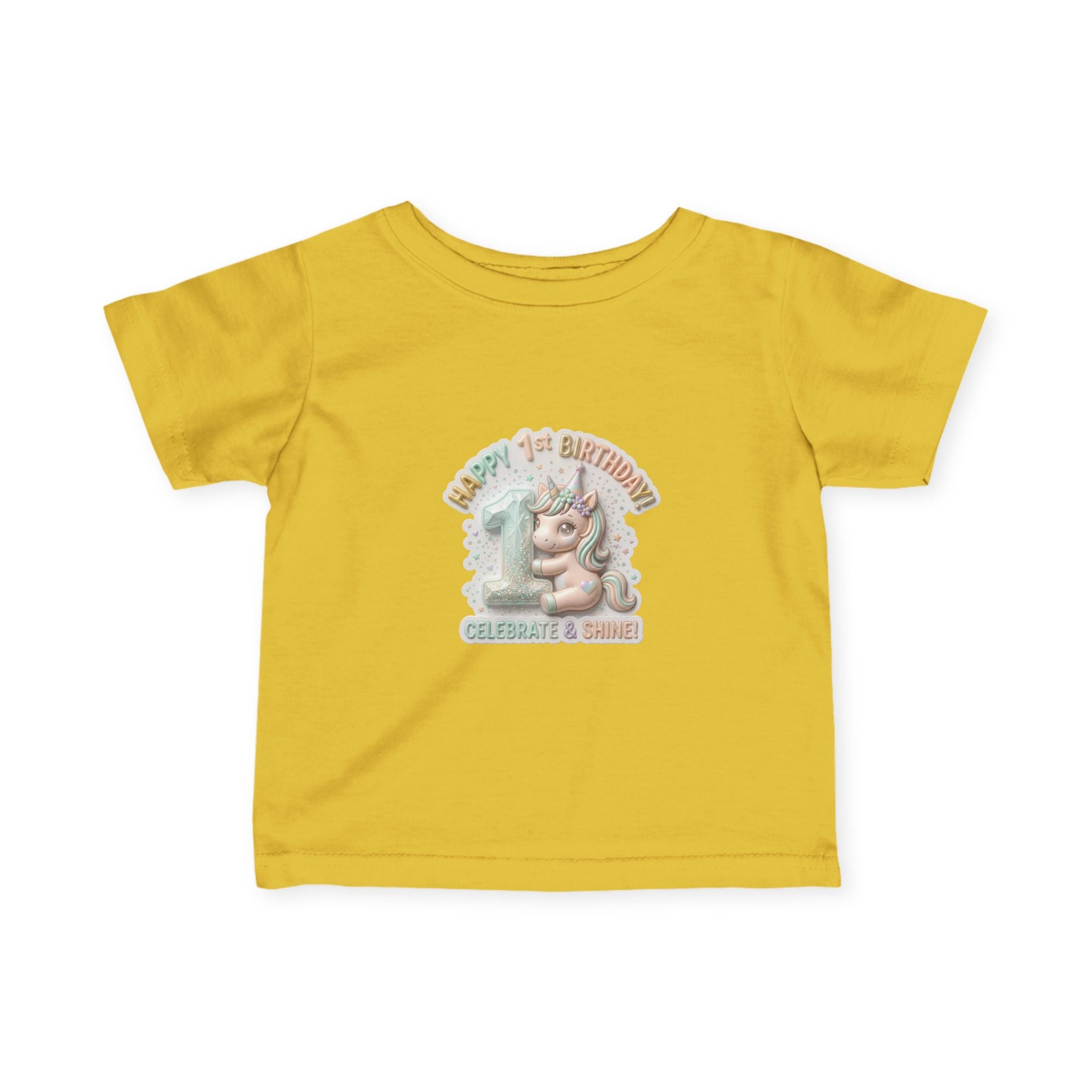 Infant Tee — 'Happy 1st Birthday' Pastel Unicorn Celebrate & Share