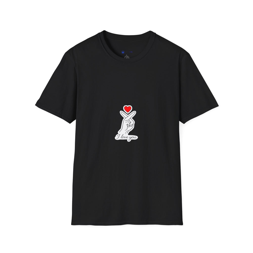 T-Shirt — Minimal Korean Finger Heart Design with 'I Love You' Pocket Graphic