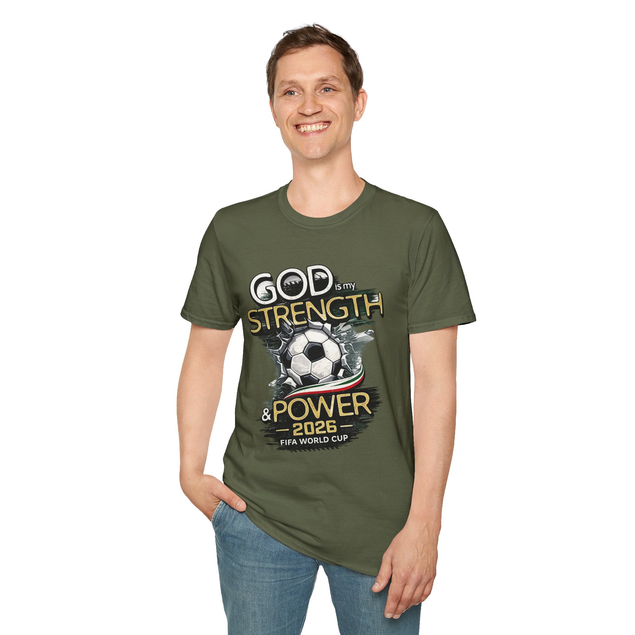 God Is My Strength Soccer T-Shirt — Christian Faith & Football Power 2026