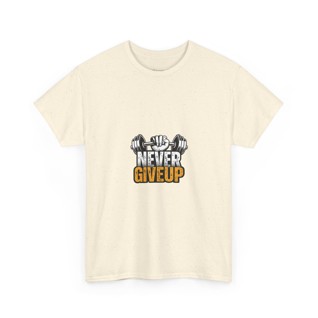 Never Give Up Fitness T-Shirt — Motivational Gym Tee with Dumbbell Graphic