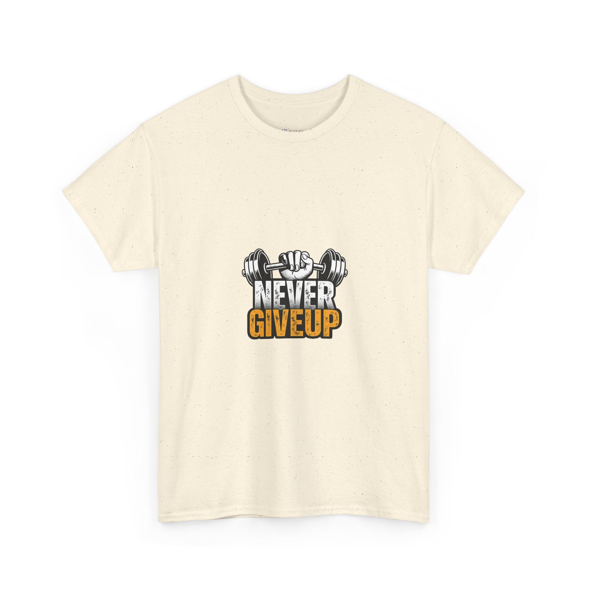 Never Give Up Fitness T-Shirt — Motivational Gym Tee with Dumbbell Graphic