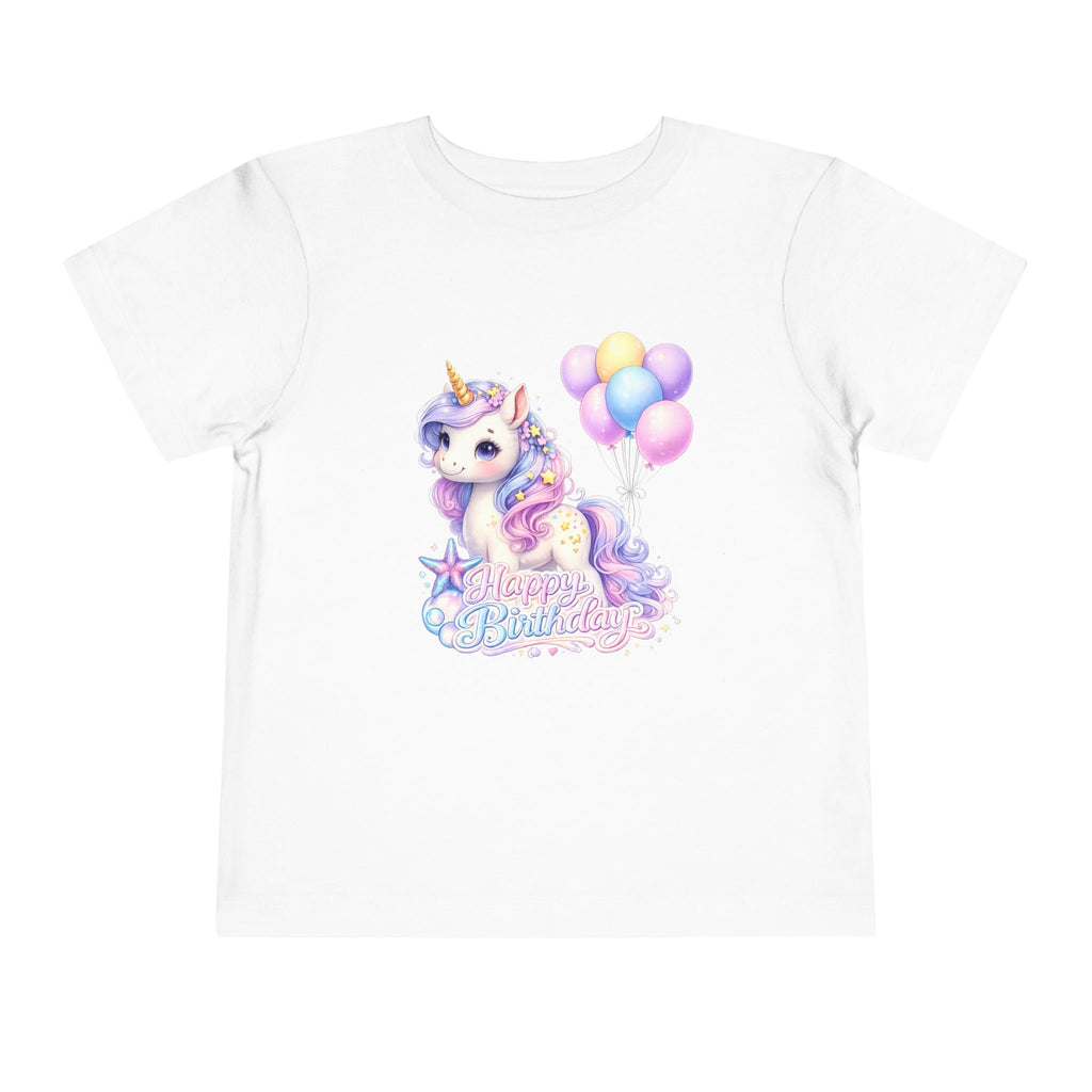Toddler Tee — Pastel Unicorn "Happy Birthday" Shirt with Balloons